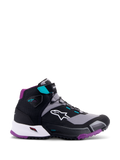 Alpinestars CR-X Women's Drystar® motorschoen, zwart grijs plum teal, hoge motorschoen, wit Alpinestars-logo op de zijkant, paarse buitenzool en hielvoering, teal accenten op de enkelband en veterlussen, strak sportief ontwerp voor toerrijden en woon-werkverkeer
