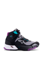 Alpinestars CR-X Women's Drystar® motorschoen, zwart grijs plum teal, hoge motorschoen, wit Alpinestars-logo op de zijkant, paarse buitenzool en hielvoering, teal accenten op de enkelband en veterlussen, strak sportief ontwerp voor toerrijden en woon-werkverkeer