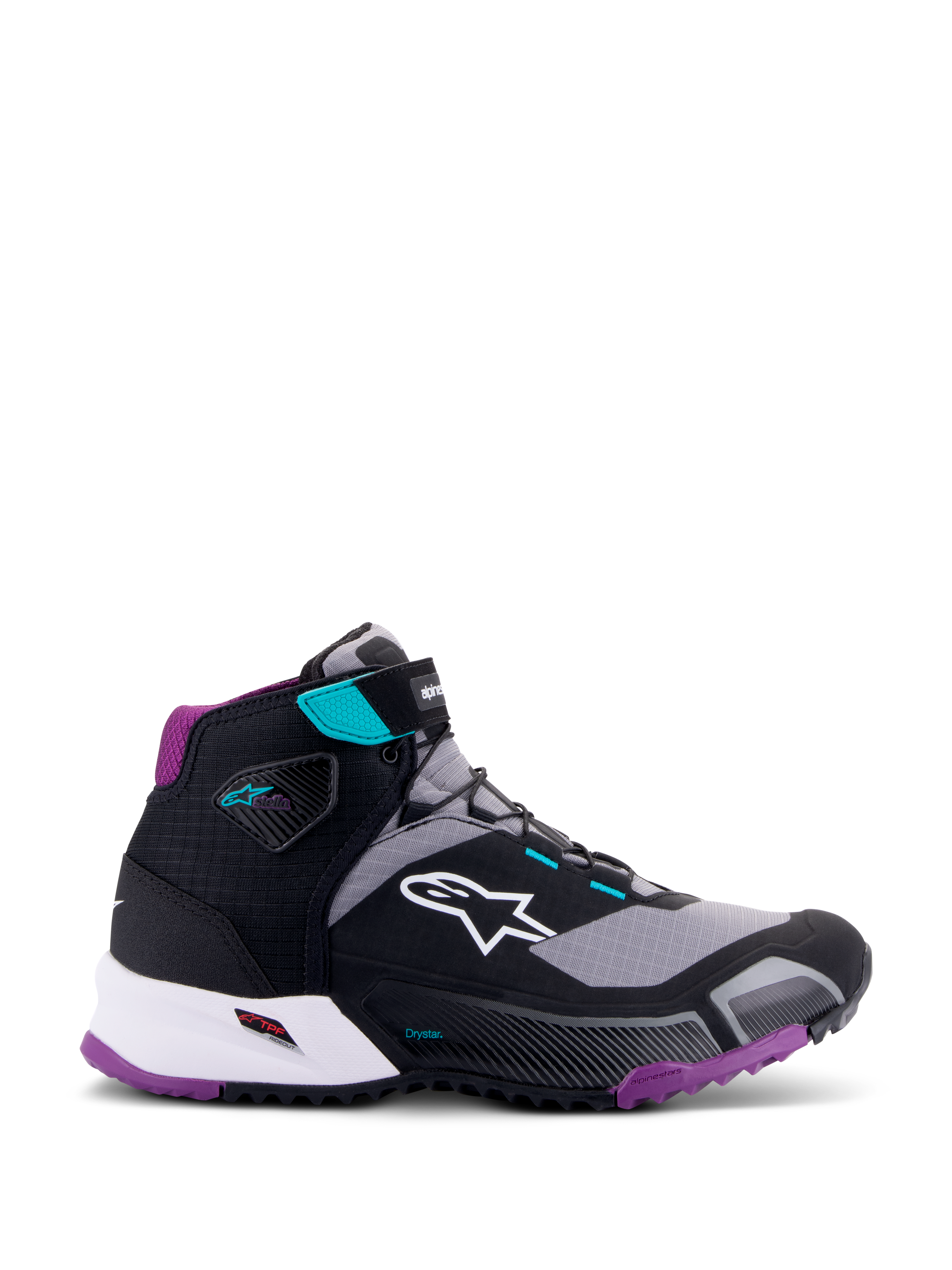 Alpinestars CR-X Women's Drystar® motorschoen, zwart grijs plum teal, hoge motorschoen, wit Alpinestars-logo op de zijkant, paarse buitenzool en hielvoering, teal accenten op de enkelband en veterlussen, strak sportief ontwerp voor toerrijden en woon-werkverkeer