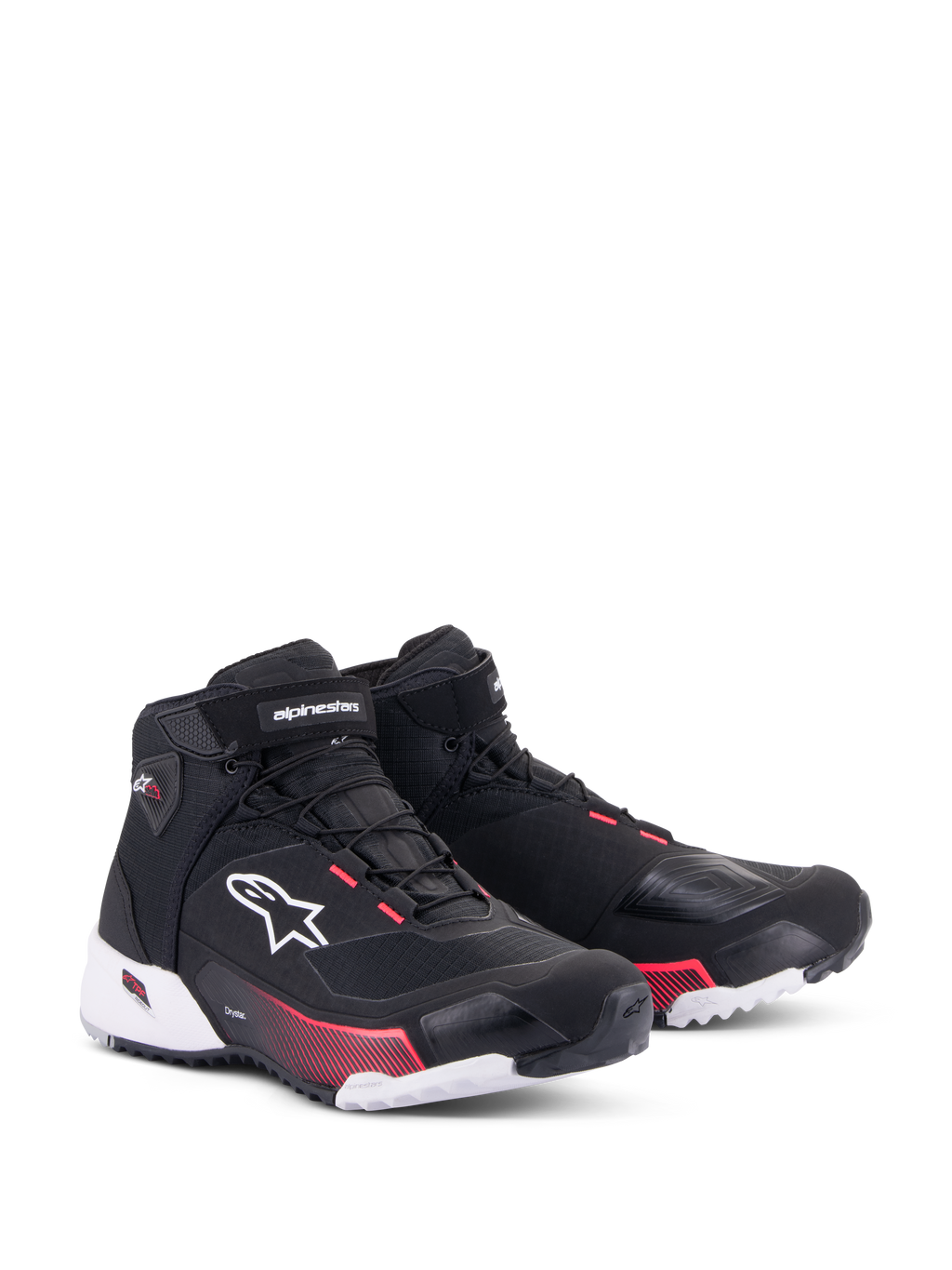 Alpinestars CR-X Drystar® motorschoenen voor dames, zwart, wit en Diva Pink, driekwart vooraanzicht, ripstop bovenwerk met wit Alpinestars-logo, roze accenten op de tussenzool en veteroogjes, gestroomlijnd en beschermend ontwerp voor touring