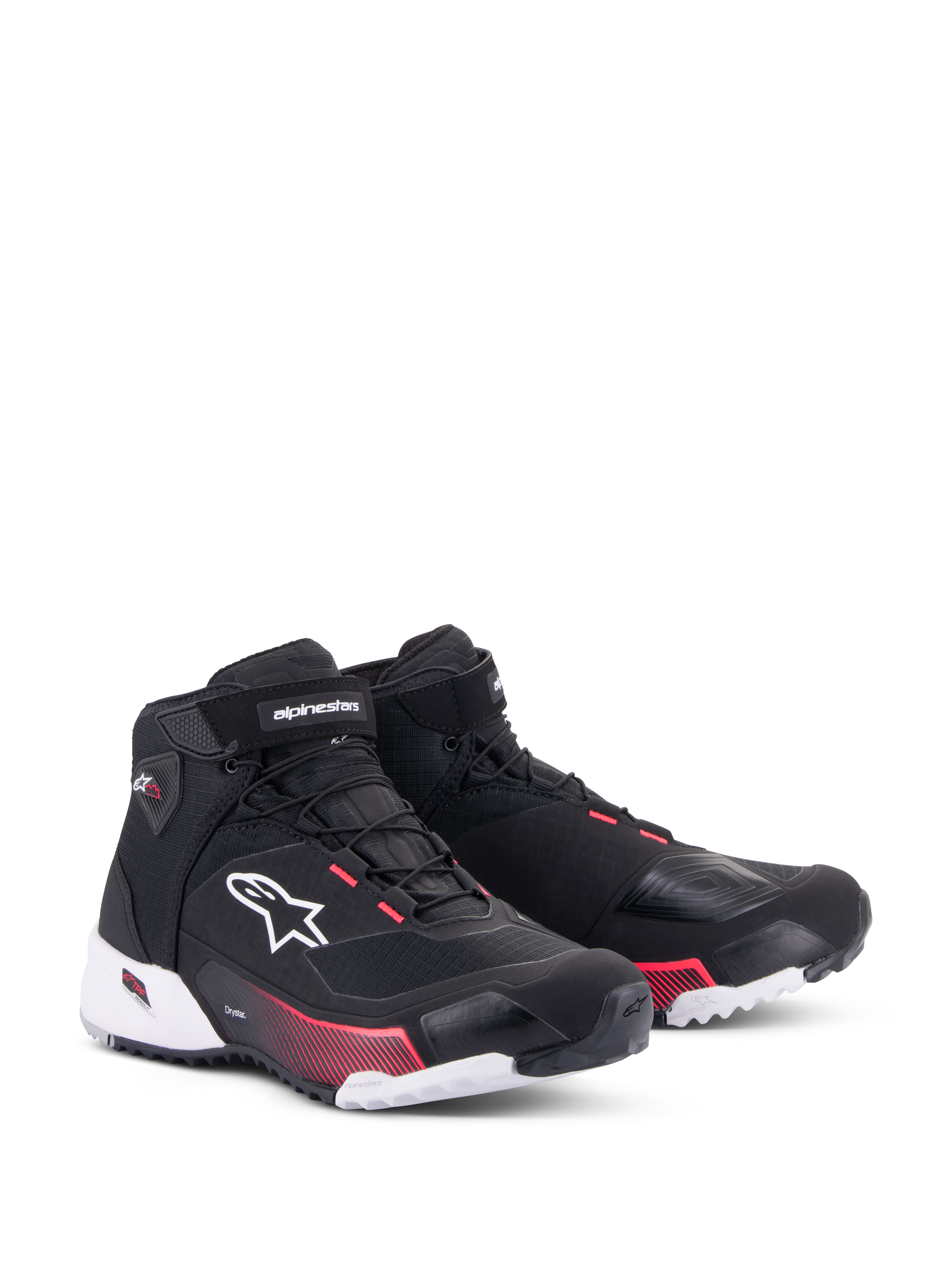 Alpinestars CR-X Drystar® motorschoenen voor dames, zwart, wit en Diva Pink, driekwart vooraanzicht, ripstop bovenwerk met wit Alpinestars-logo, roze accenten op de tussenzool en veteroogjes, gestroomlijnd en beschermend ontwerp voor touring