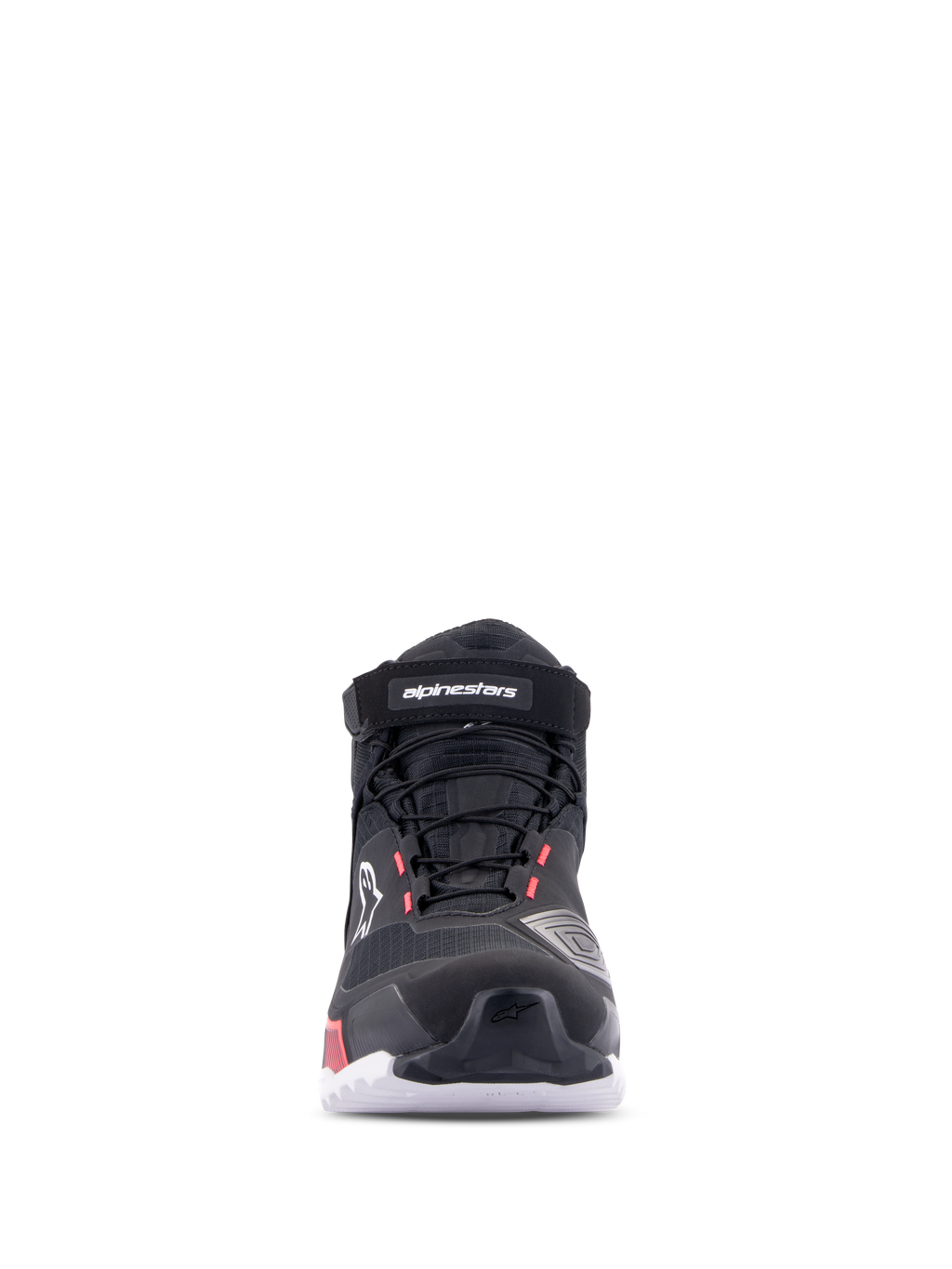 Alpinestars CR-X Drystar® motorschoen voor dames, Black White Diva Pink, vooraanzicht, waterdicht motorschoeisel met technisch textiel bovenwerk, veters en klittenband enkelband, voorzien van witte branding en Diva Pink accenten.
