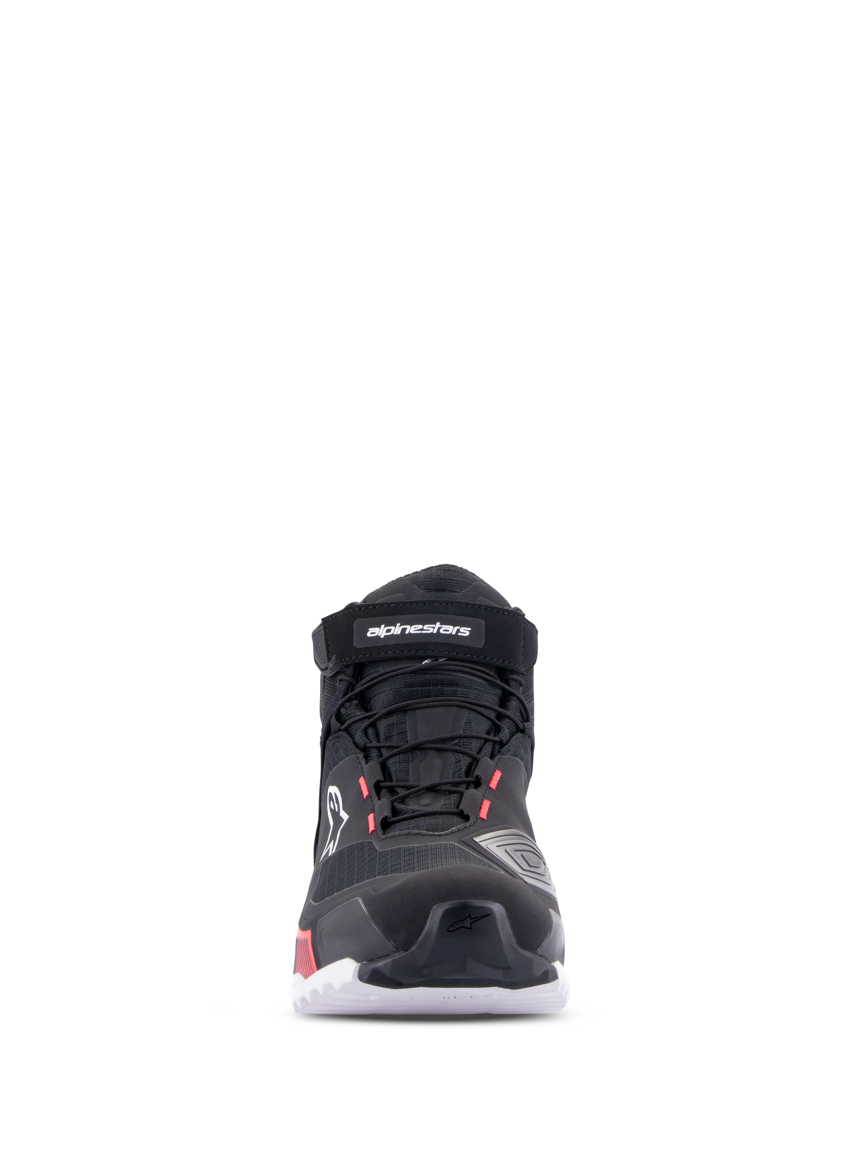 Alpinestars CR-X Drystar® motorschoen voor dames, Black White Diva Pink, vooraanzicht, waterdicht motorschoeisel met technisch textiel bovenwerk, veters en klittenband enkelband, voorzien van witte branding en Diva Pink accenten.