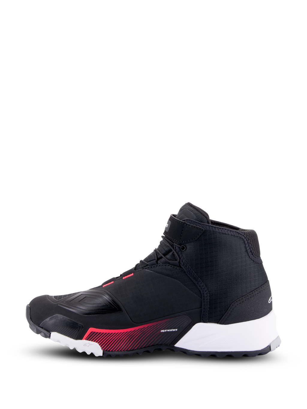 Alpinestars CR-X Drystar® motorschoen voor dames, motorschoen, zwart, wit en Diva Pink, zijaanzicht met een zwart ripstop bovenwerk, wit hielgedeelte en roze grafische accenten, urban stijl met beschermende eigenschappen