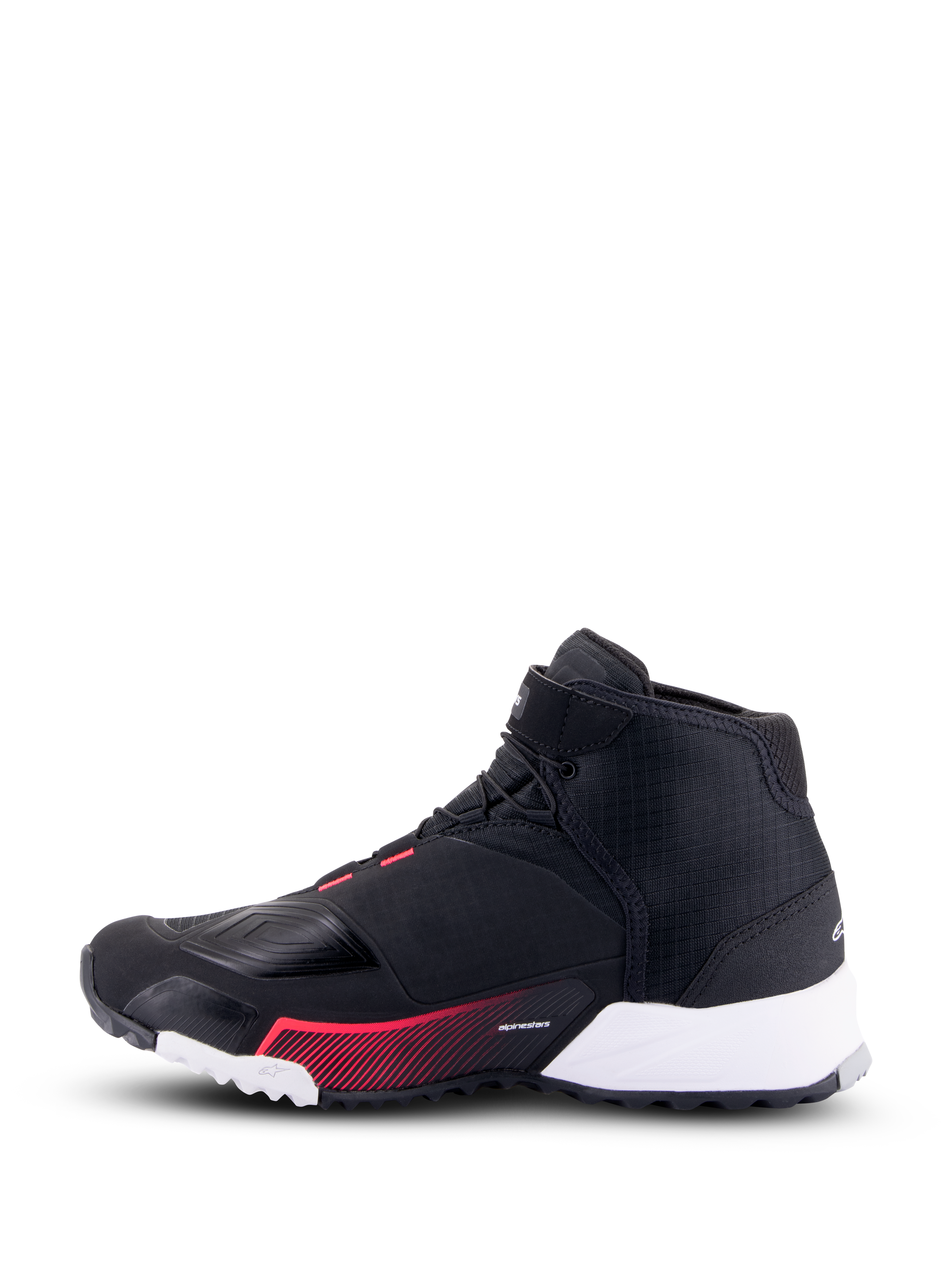 Alpinestars CR-X Drystar® motorschoen voor dames, motorschoen, zwart, wit en Diva Pink, zijaanzicht met een zwart ripstop bovenwerk, wit hielgedeelte en roze grafische accenten, urban stijl met beschermende eigenschappen