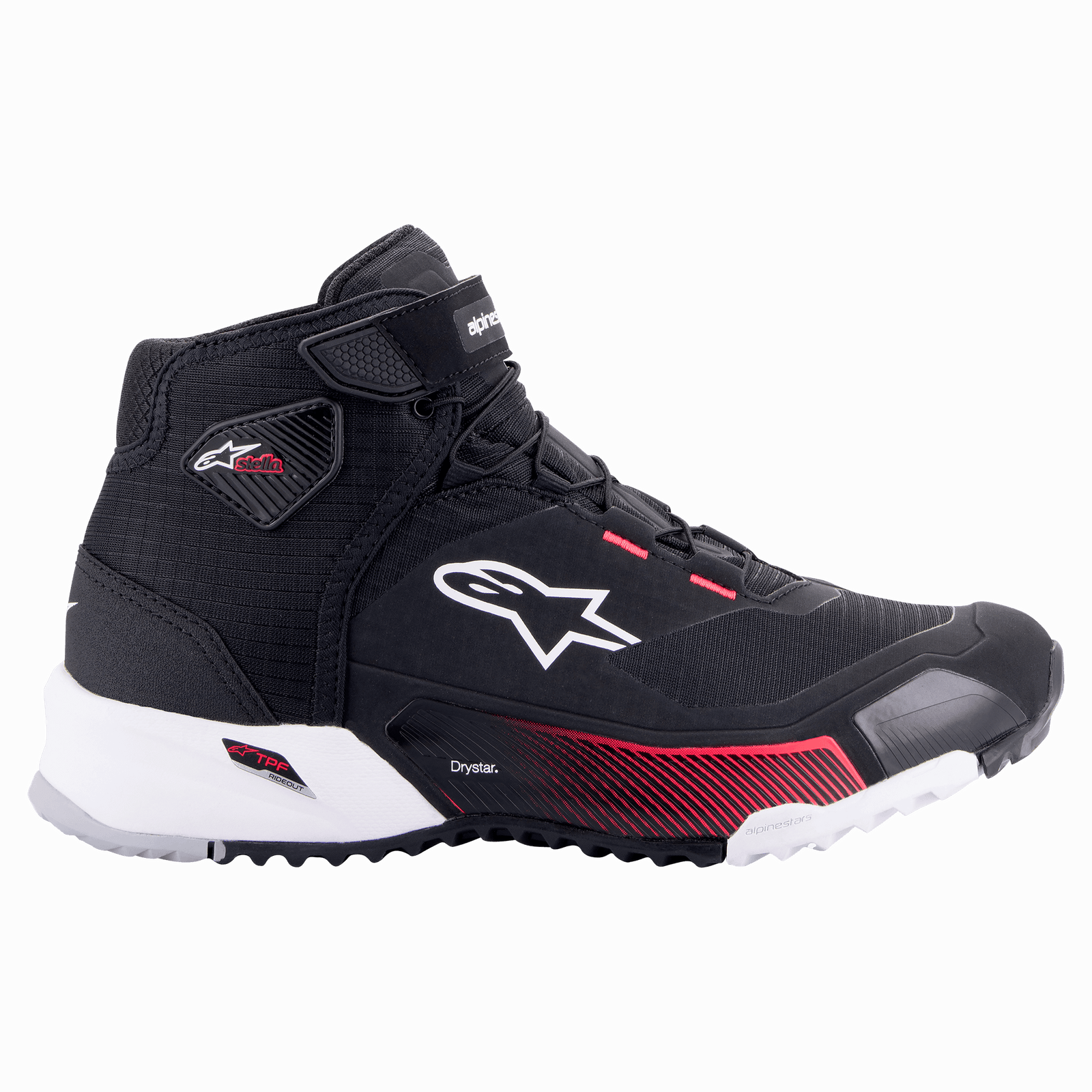 Alpinestars CR-X Drystar® motorschoen voor dames, Black White Diva Pink, zijaanzicht van een lichtgewicht motorschoen voorzien van een waterdicht bovenwerk van textiel, wit Alpinestars-logo en opvallende roze accenten op de tussenzool en de veteroogjes.