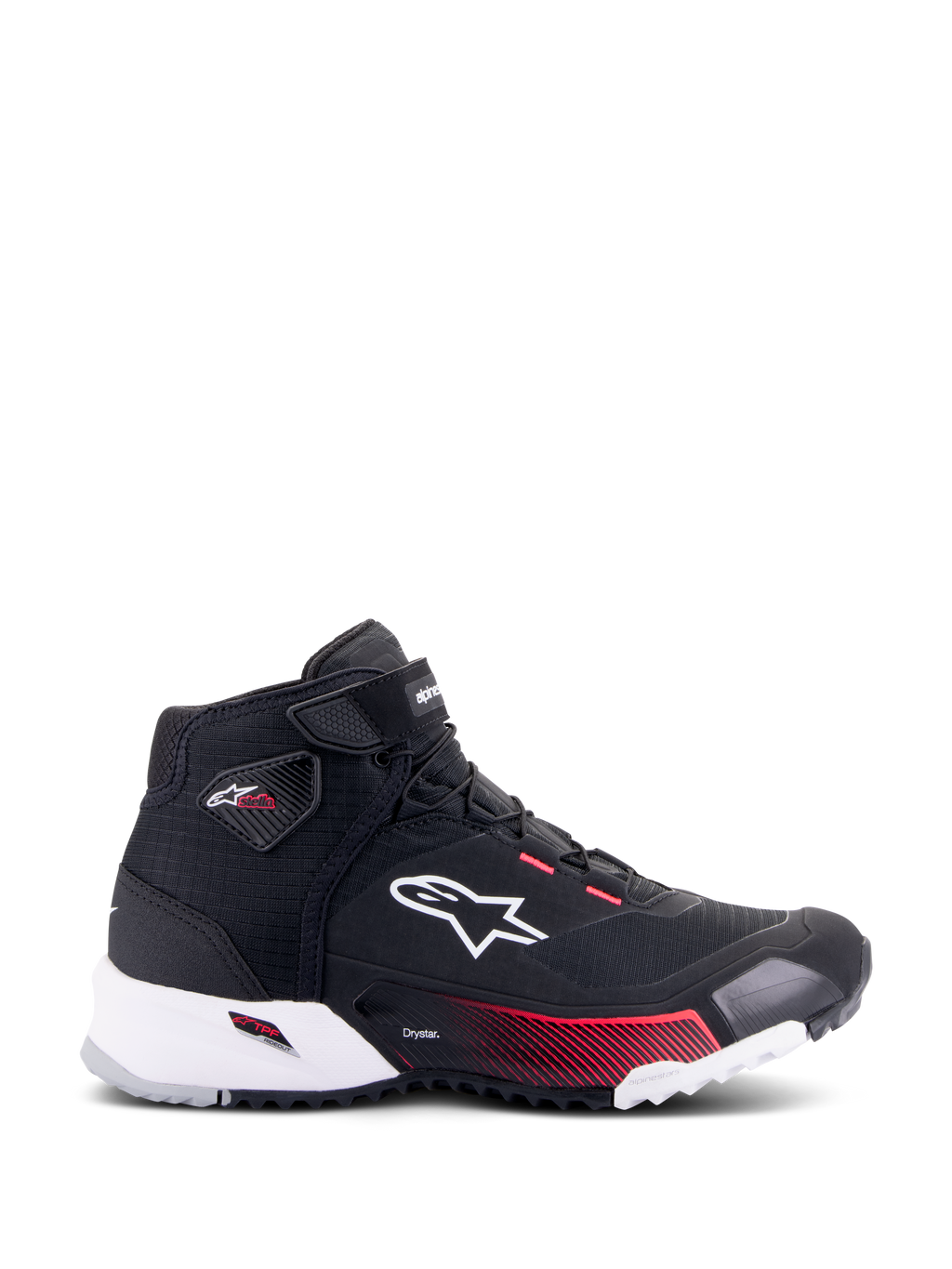 Alpinestars CR-X Drystar® motorschoen voor dames, zwart, wit en Diva Pink, zijaanzicht met wit Alpinestars-logo, roze kleurverloopaccenten op de tussenzool en Stella-branding op de enkel, strak waterdicht sneaker-stijl ontwerp.