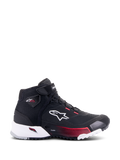 Alpinestars CR-X Drystar® motorschoen voor dames, zwart, wit en Diva Pink, zijaanzicht met wit Alpinestars-logo, roze kleurverloopaccenten op de tussenzool en Stella-branding op de enkel, strak waterdicht sneaker-stijl ontwerp.