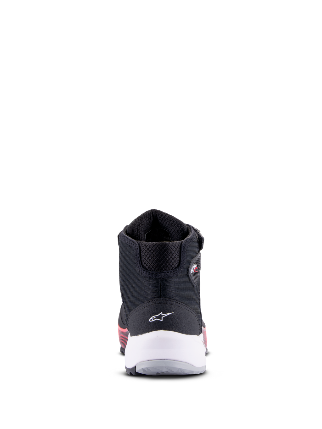 Alpinestars CR-X Women's Drystar® motorschoen, zwart, wit en Diva Pink, achteraanzicht met witte hielondersteuning en sterlogo, technisch motorschoeisel met roze accenten op de zool