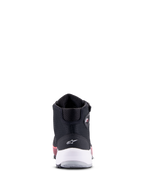 Alpinestars CR-X Women's Drystar® motorschoen, zwart, wit en Diva Pink, achteraanzicht met witte hielondersteuning en sterlogo, technisch motorschoeisel met roze accenten op de zool