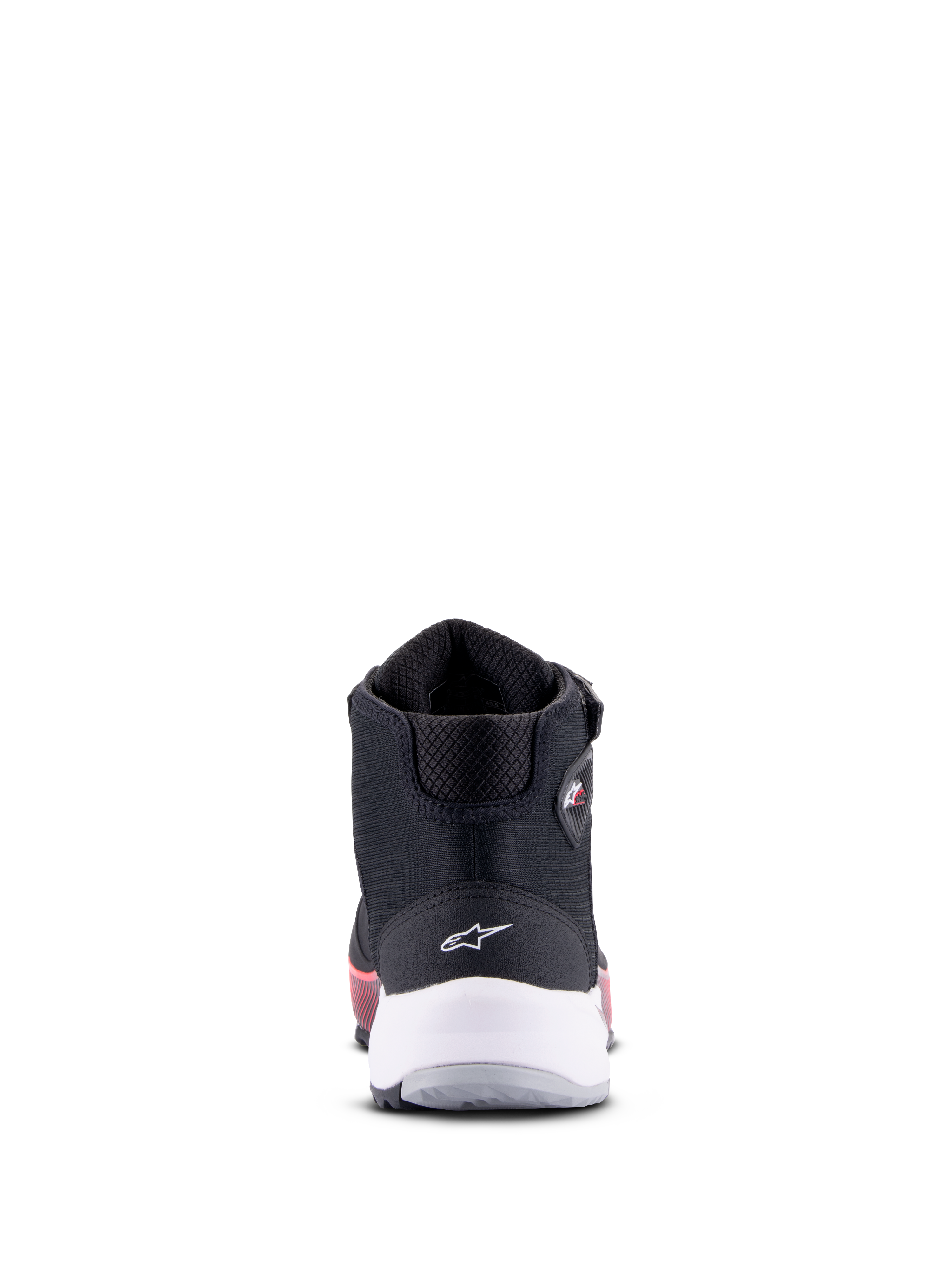 Alpinestars CR-X Women's Drystar® motorschoen, zwart, wit en Diva Pink, achteraanzicht met witte hielondersteuning en sterlogo, technisch motorschoeisel met roze accenten op de zool