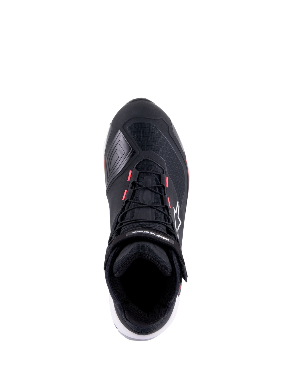 Alpinestars CR-X Drystar® motorschoen voor dames, zwart, wit en Diva Pink, bovenaanzicht met technisch ripstop bovenwerk, roze accenten op de veteroogjes en Alpinestars-branding op de enkelband en zijkant.