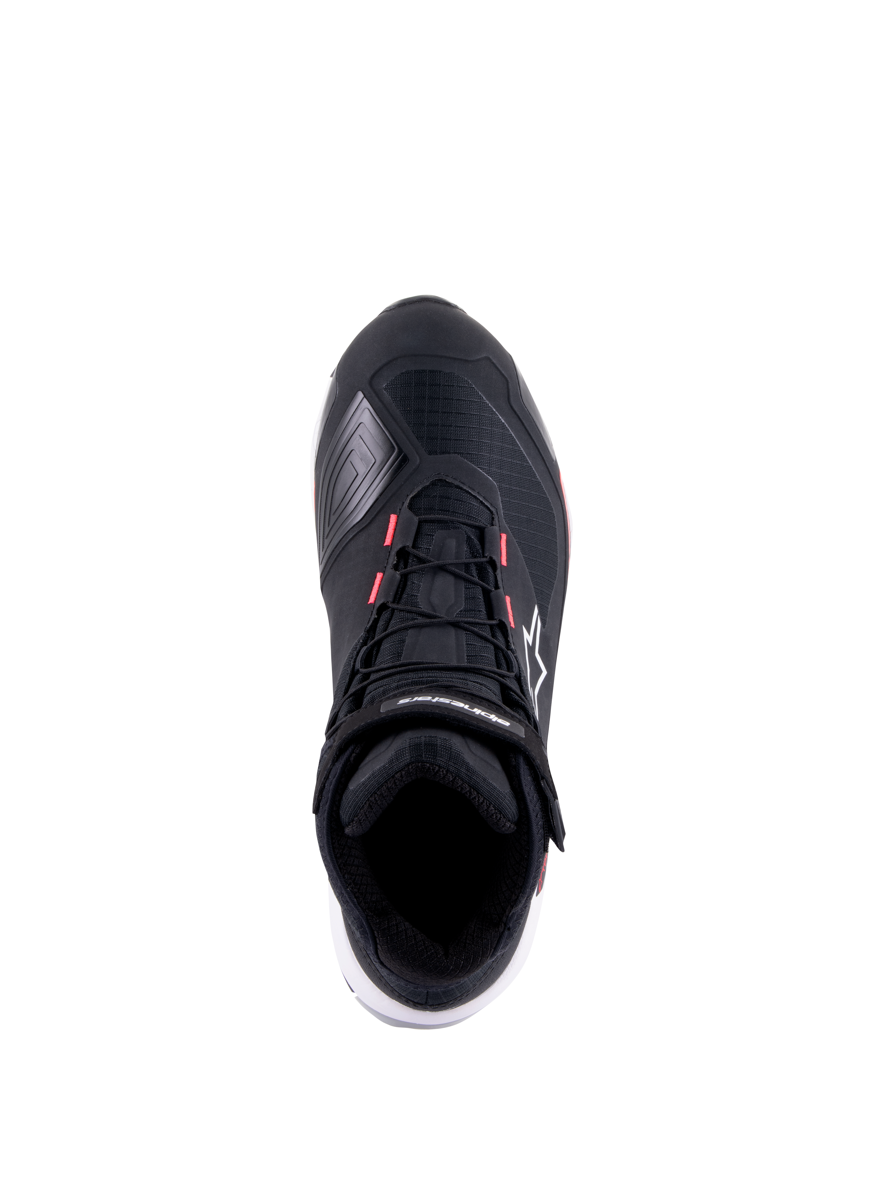 Alpinestars CR-X Drystar® motorschoen voor dames, zwart, wit en Diva Pink, bovenaanzicht met technisch ripstop bovenwerk, roze accenten op de veteroogjes en Alpinestars-branding op de enkelband en zijkant.