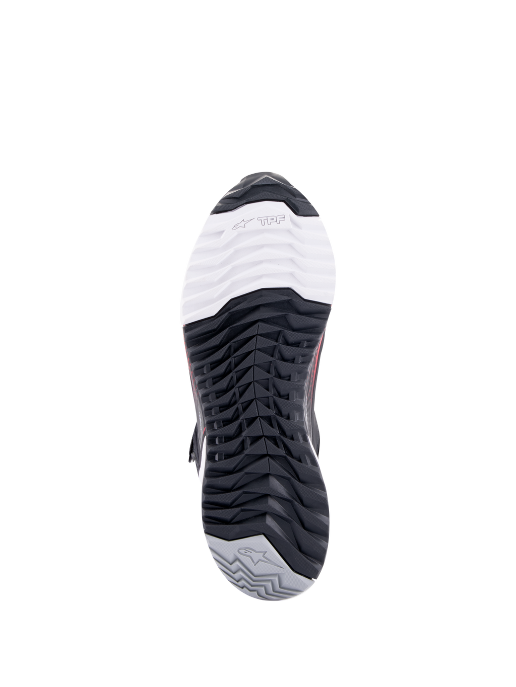Alpinestars CR-X Women's Drystar® motorschoen, motorrijdschoen, onderaanzicht van de buitenzool, met TPF Transversal Protection Frame-branding op een wit teengedeelte, zwart profielpatroon in meerdere richtingen en grijze hiel met sterlogo.