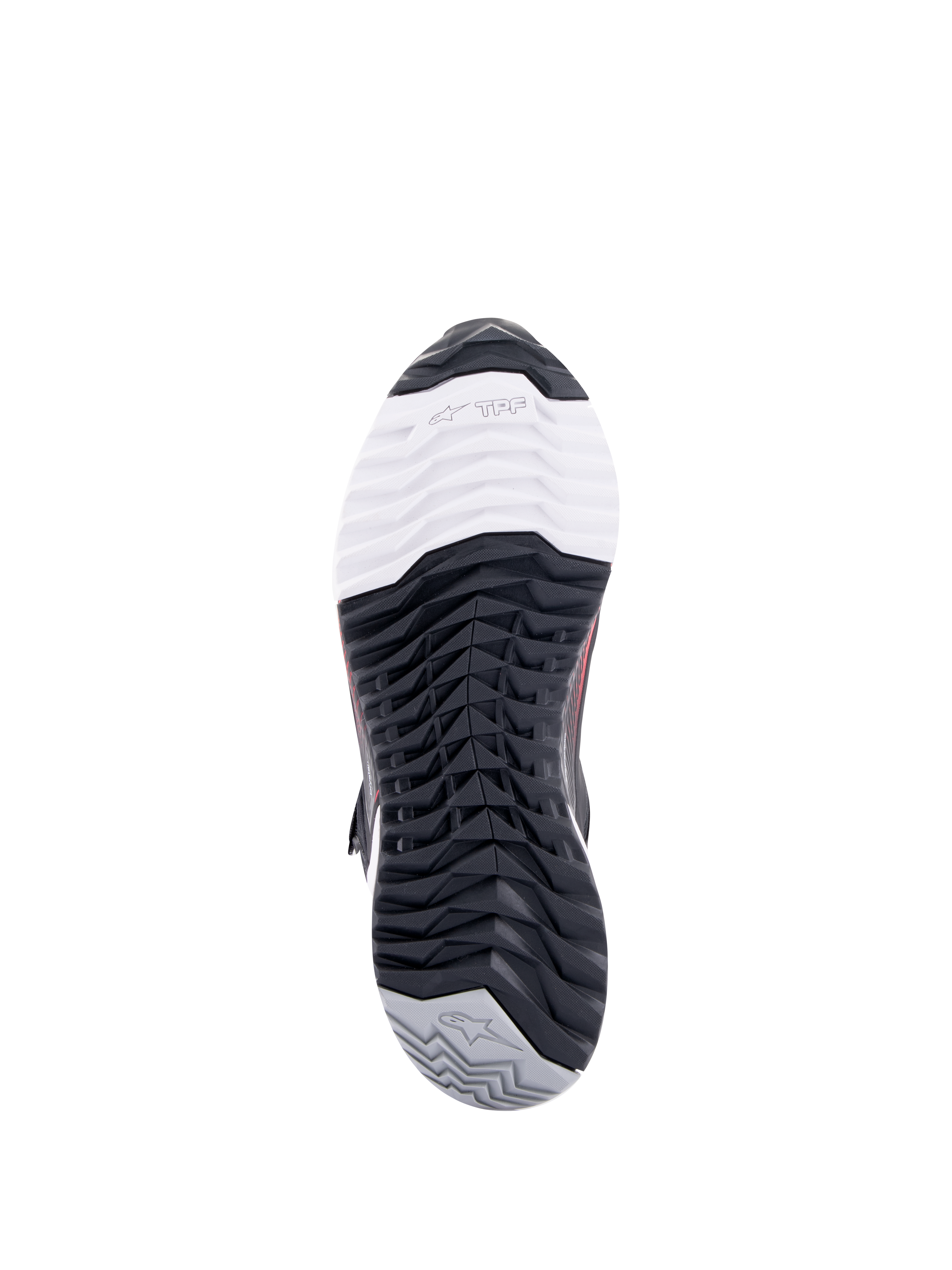 Alpinestars CR-X Women's Drystar® motorschoen, motorrijdschoen, onderaanzicht van de buitenzool, met TPF Transversal Protection Frame-branding op een wit teengedeelte, zwart profielpatroon in meerdere richtingen en grijze hiel met sterlogo.