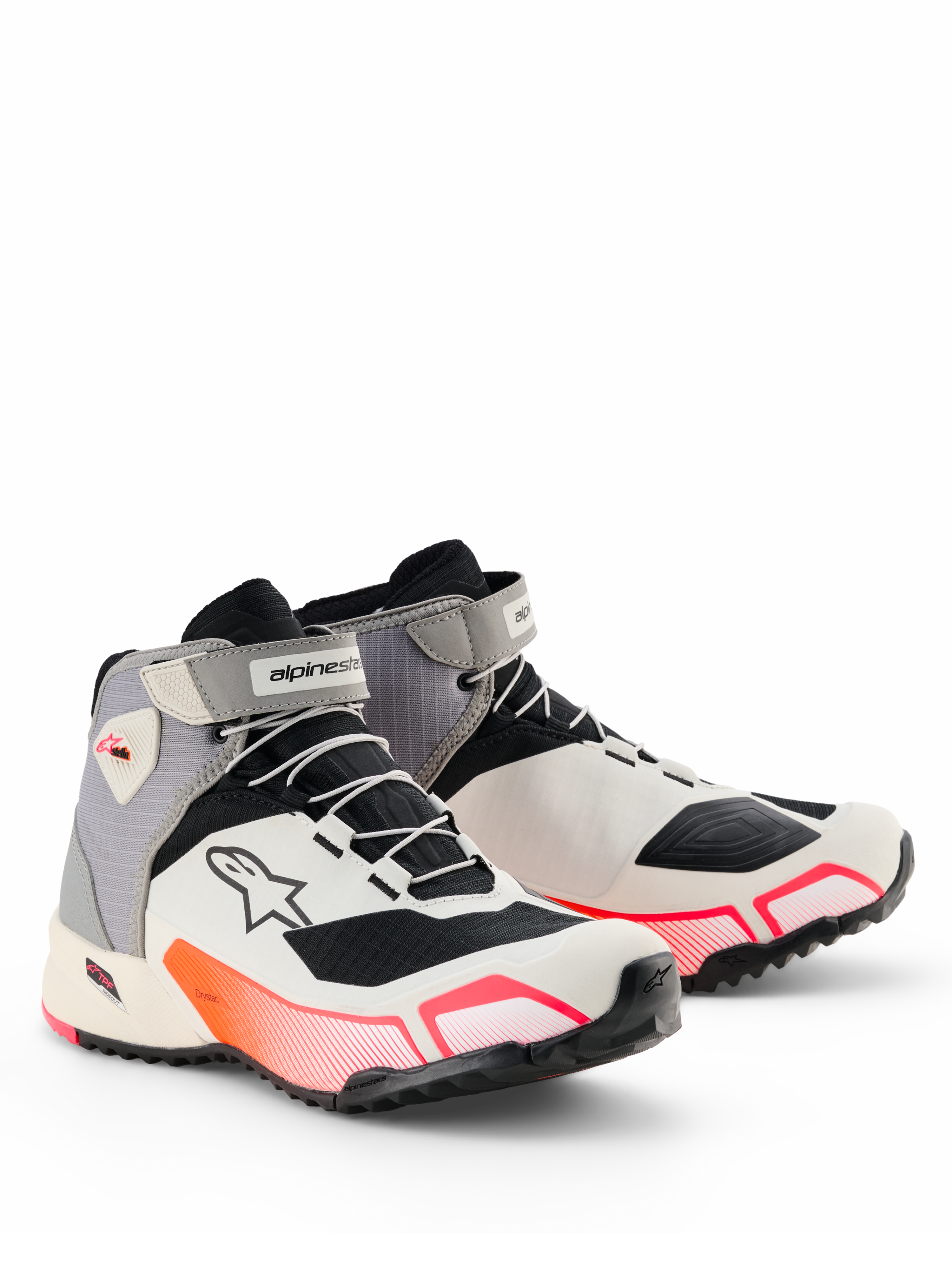 Alpinestars CR-X Drystar® dames motorschoenen, motorschoenen, wit, grijs, zwart en Diva Pink, slank atletisch silhouet met levendige roze kleurverloopaccenten, klittenbandsluiting bij de enkels en Astar-logo op de zijkant, waterdicht beschermend schoeisel voor op de weg