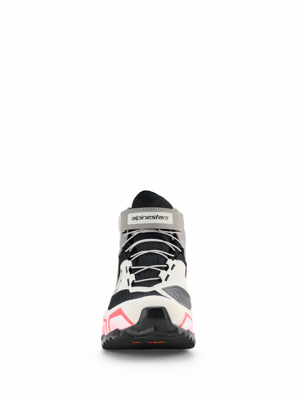 Alpinestars CR-X Drystar® dames motorschoenen, motorschoenen voor dames, wit, middengrijs, zwart en Diva Pink, vooraanzicht met grijze veters en enkelband met logo, sportief ontwerp met roze accenten op de zool, waterdicht schoeisel voor motorrijders
