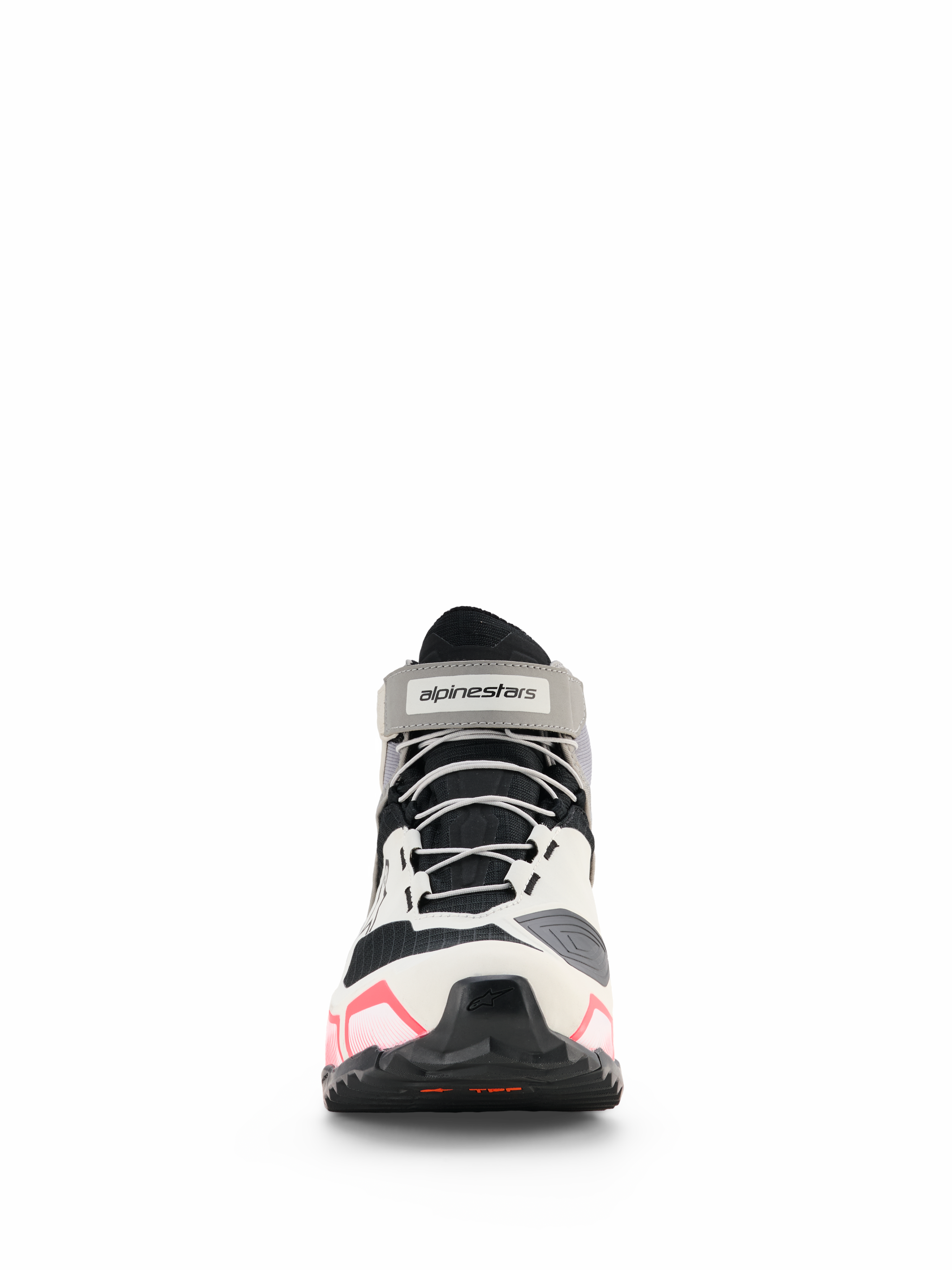 Alpinestars CR-X Drystar® dames motorschoenen, motorschoenen voor dames, wit, middengrijs, zwart en Diva Pink, vooraanzicht met grijze veters en enkelband met logo, sportief ontwerp met roze accenten op de zool, waterdicht schoeisel voor motorrijders