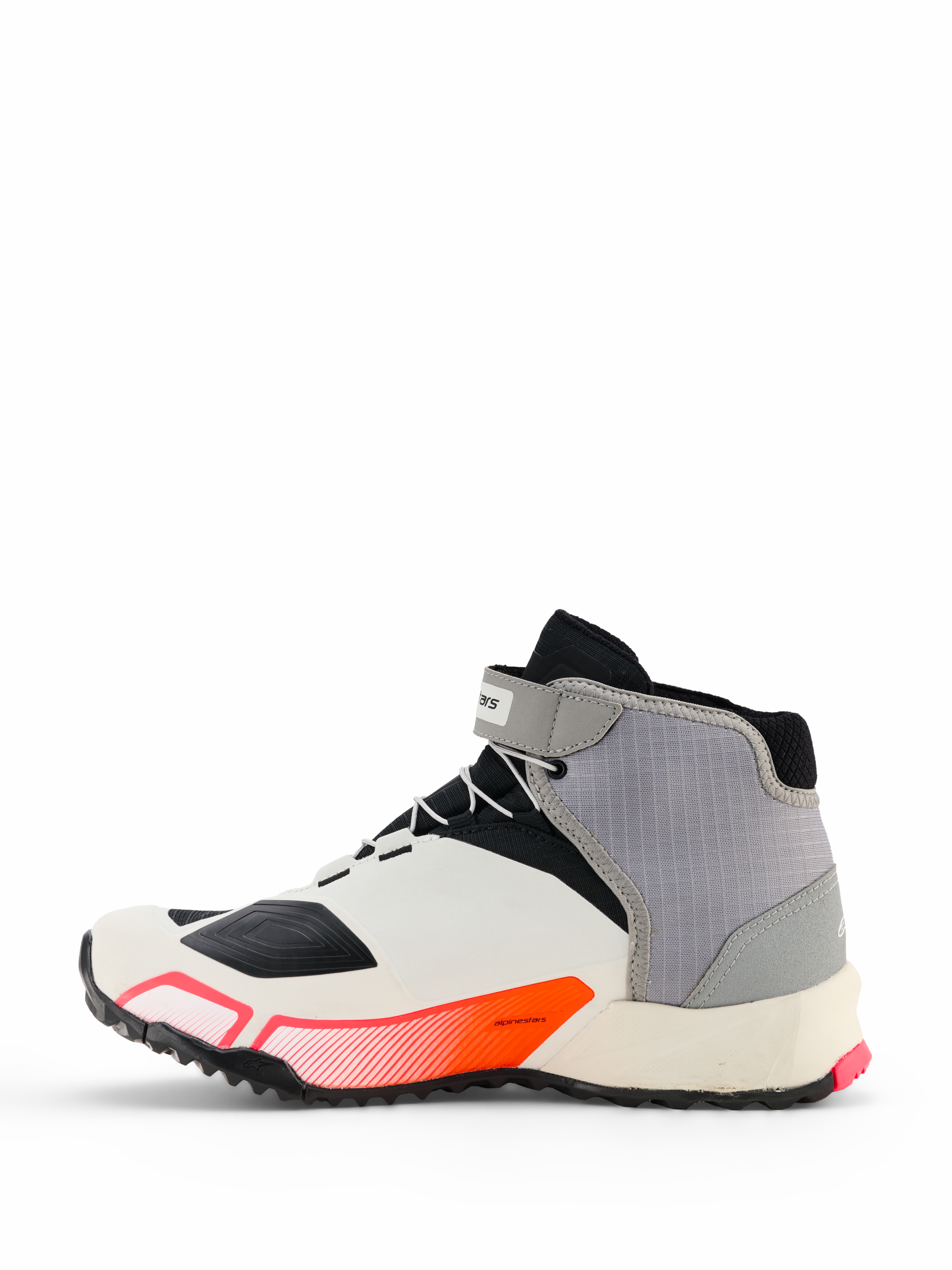 Alpinestars CR-X Dames Drystar® motorschoenen, motorfietsschoeisel in wit, midden grijs, zwart en Diva Pink, zijprofiel met een sportief ontwerp met een enkelband en dikke zool, ontworpen voor loopcomfort de hele dag door en bescherming