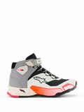 Alpinestars CR-X Dames Drystar motorschoenen, halfhoge motor sneakers in wit, middengrijs, zwart en Diva Pink, zijaanzicht met enkelband, geprofileerde zool met grip en sportief ontwerp voor stedelijk woon-werkverkeer