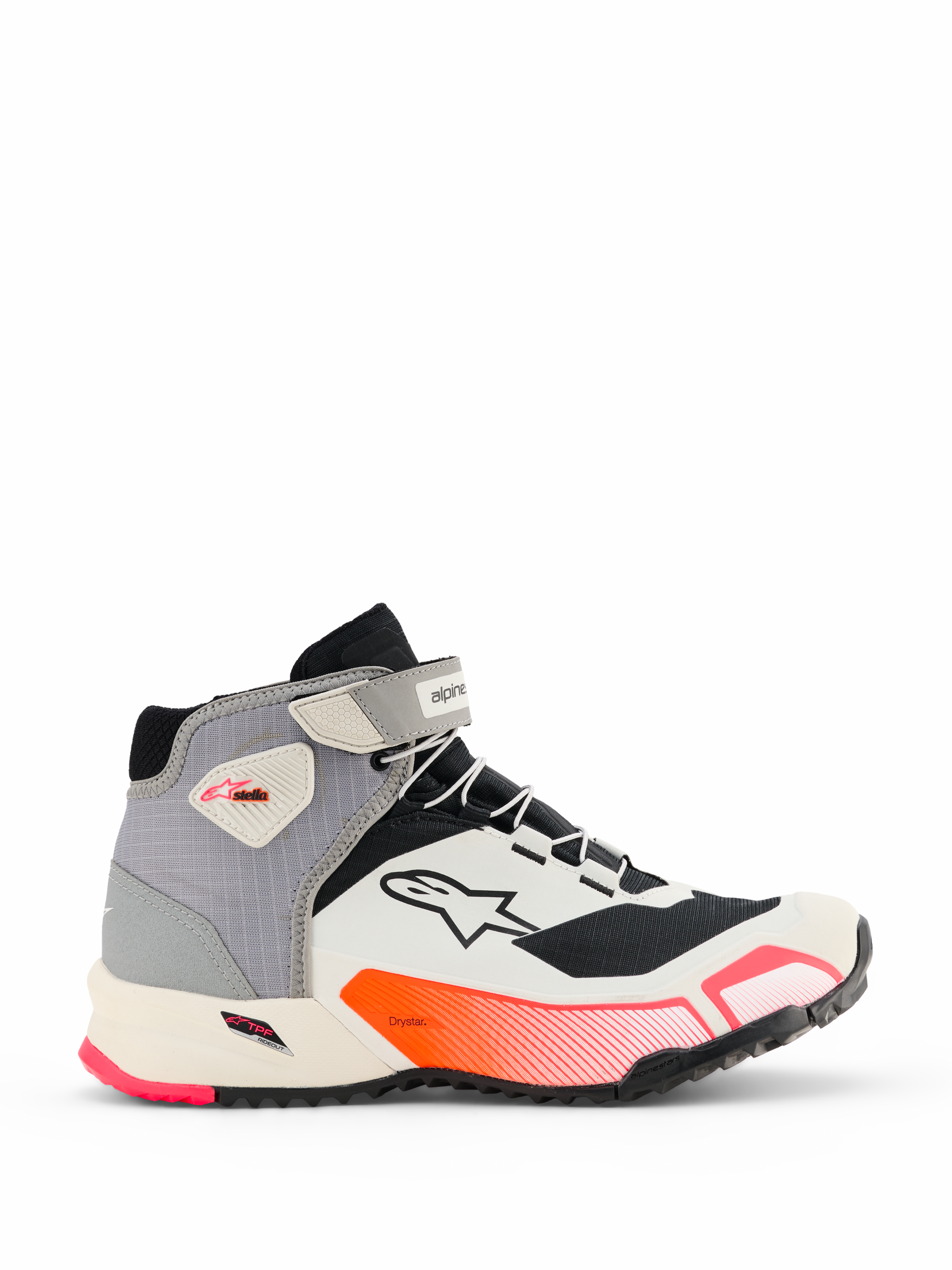 Alpinestars CR-X Dames Drystar motorschoenen, halfhoge motor sneakers in wit, middengrijs, zwart en Diva Pink, zijaanzicht met enkelband, geprofileerde zool met grip en sportief ontwerp voor stedelijk woon-werkverkeer
