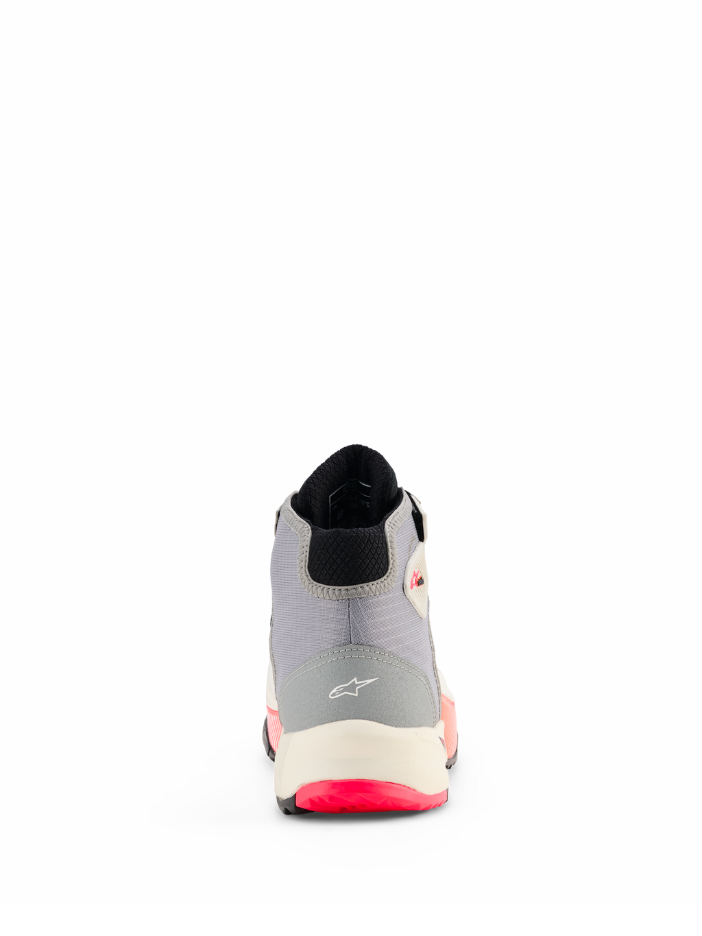 Alpinestars CR-X Dames Drystar® motorschoenen, wit, middengrijs, zwart en Diva Pink, achteraanzicht met hielconstructie en Alpinestars-logo, witte tussenzool en felroze details op de buitenzool.