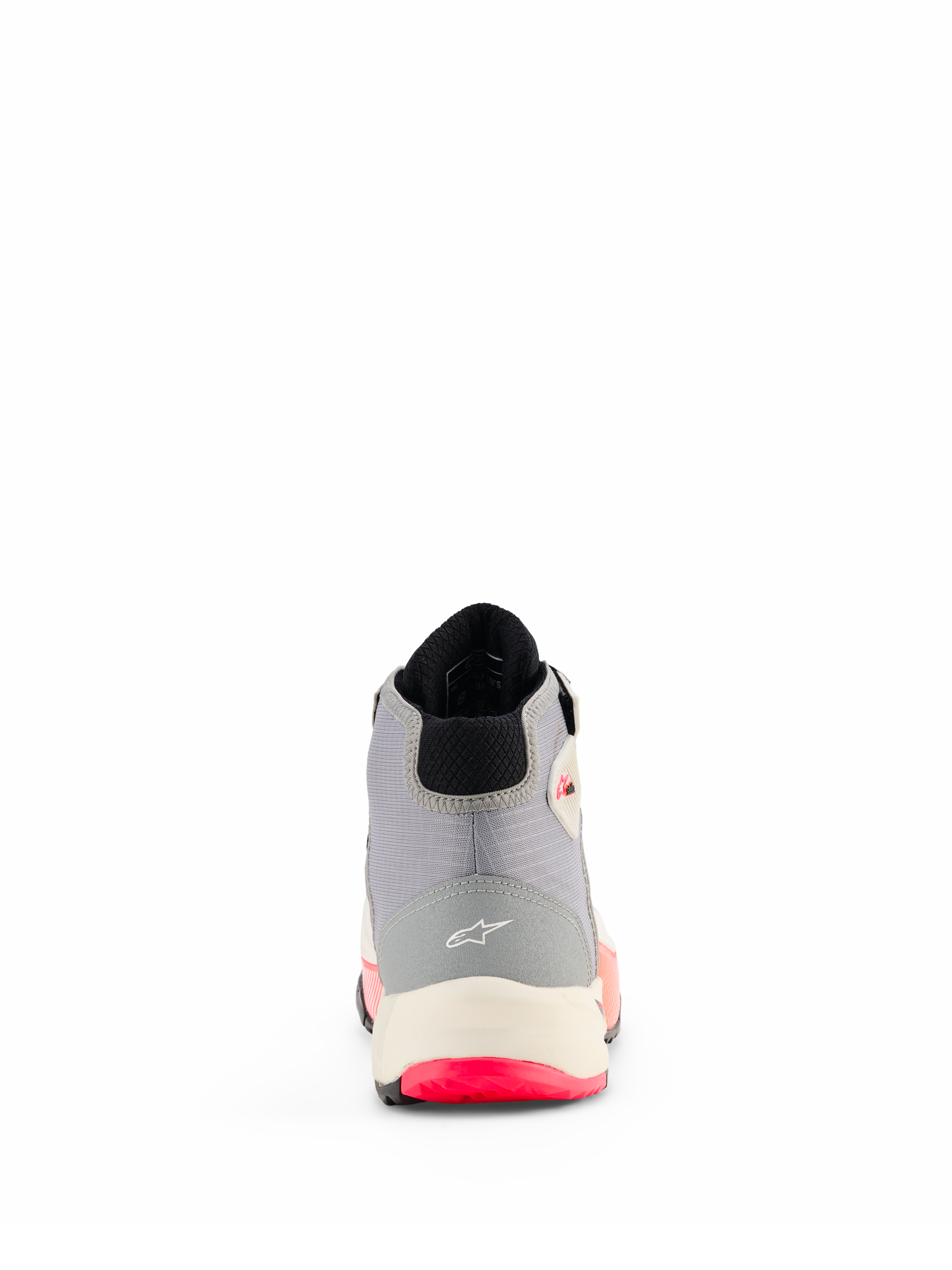 Alpinestars CR-X Dames Drystar® motorschoenen, wit, middengrijs, zwart en Diva Pink, achteraanzicht met hielconstructie en Alpinestars-logo, witte tussenzool en felroze details op de buitenzool.