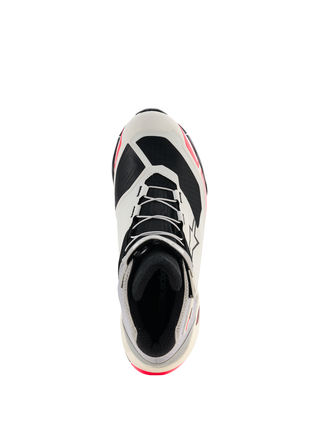 Alpinestars CR-X Drystar® motorschoenen voor dames, wit middengrijs zwart en Diva Pink, bovenaanzicht met focus op de vetersluiting en binnenvoering, sportief ontwerp geïnspireerd op hardloopschoenen met roze accenten, waterdichte motorschoenen