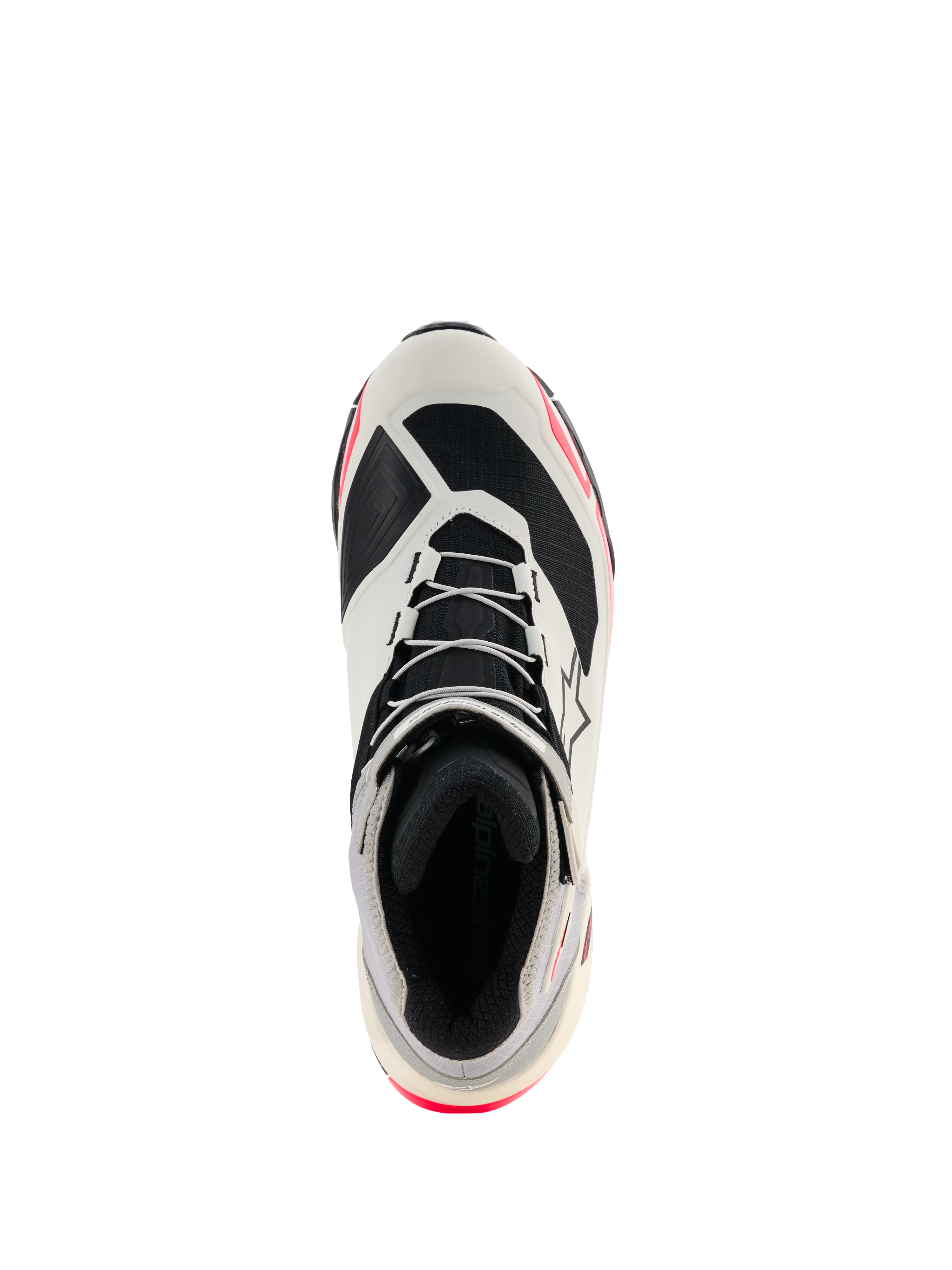 Alpinestars CR-X Drystar® motorschoenen voor dames, wit middengrijs zwart en Diva Pink, bovenaanzicht met focus op de vetersluiting en binnenvoering, sportief ontwerp geïnspireerd op hardloopschoenen met roze accenten, waterdichte motorschoenen
