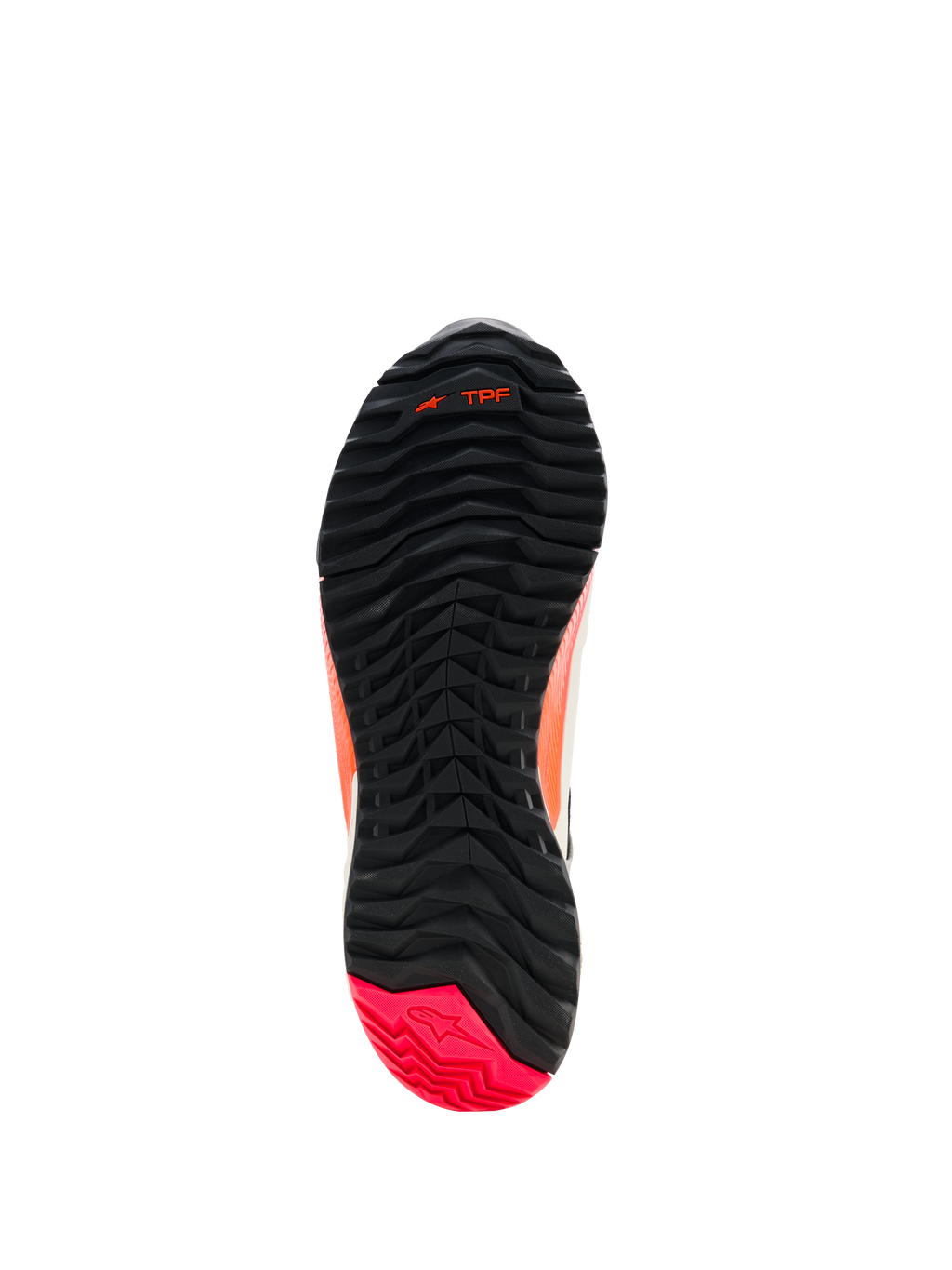 Alpinestars CR-X Dames Drystar® rijschoenen, aanzicht van de buitenzool, zwart met Diva Pink hiel, robuust profiel met asymmetrische noppenconfiguratie, flexgroeven in de voorvoet en TPF-branding