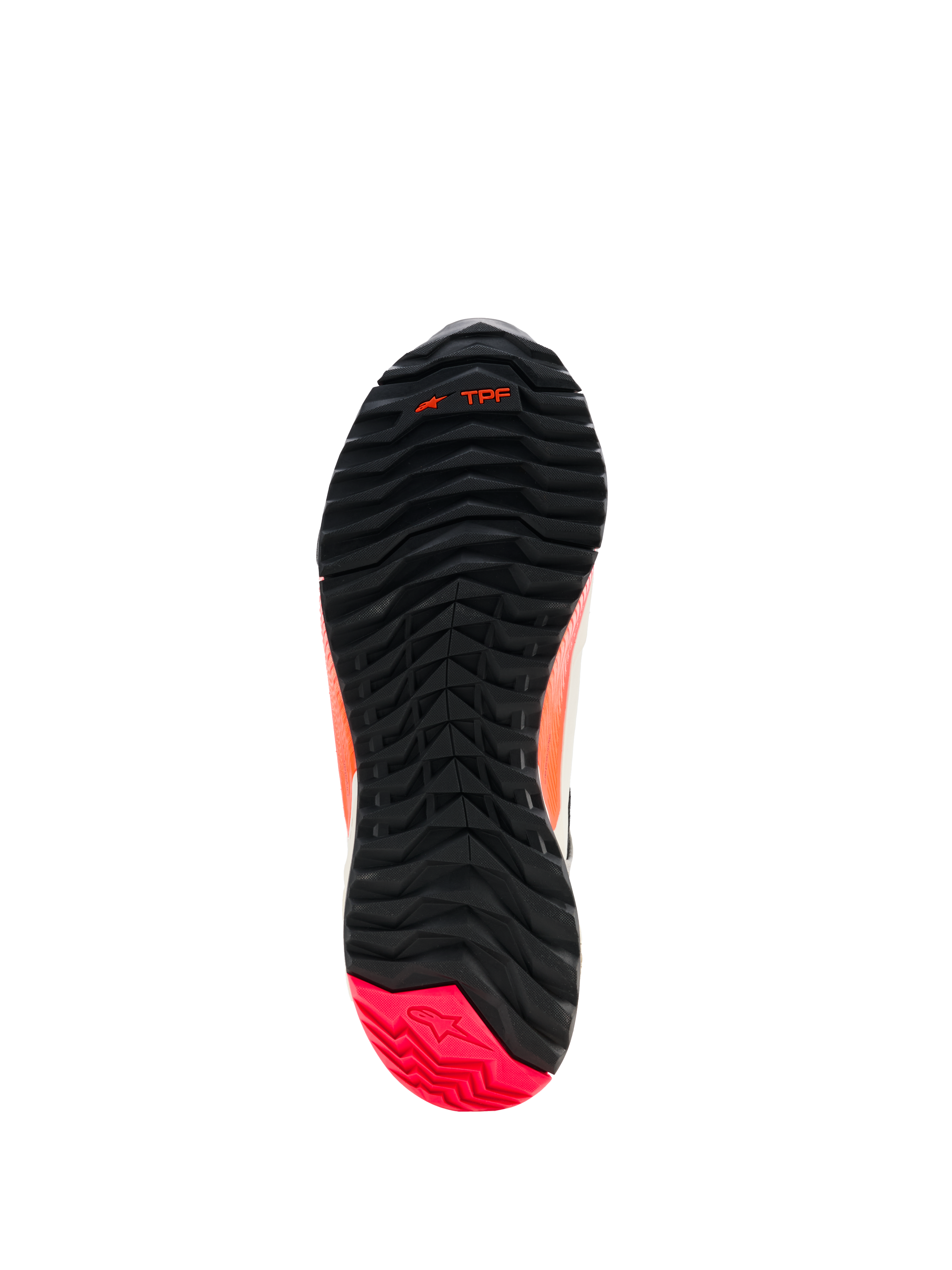 Alpinestars CR-X Dames Drystar® rijschoenen, aanzicht van de buitenzool, zwart met Diva Pink hiel, robuust profiel met asymmetrische noppenconfiguratie, flexgroeven in de voorvoet en TPF-branding