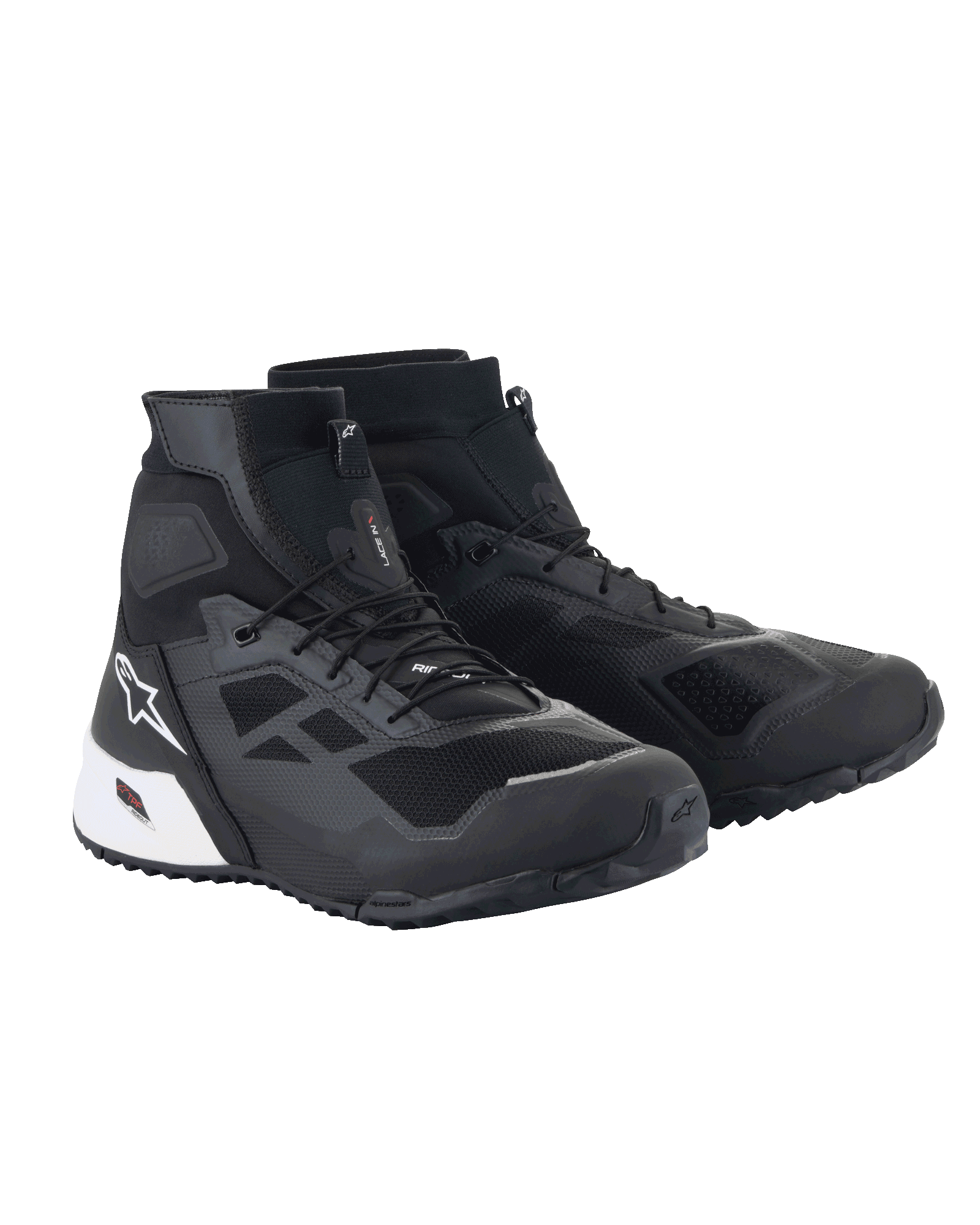 Alpinestars CR-1 Shoes, High-Top Motorcycle Riding Shoes, Black and White, featuring 3D mesh and synthetic panels, white Alpinestars star logo on heel, textured outsole for grip, urban and sport riding footwear