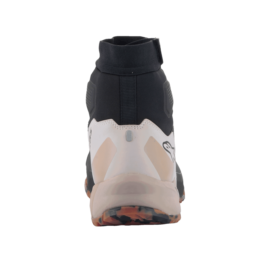Alpinestars CR-1 Shoes, Motorcycle Riding Shoes, Black and Light Brown, rear view showing the heel and ankle construction, black technical textile upper with light tan heel reinforcement, marbled orange and black outsole, sporty design for warm weather riding