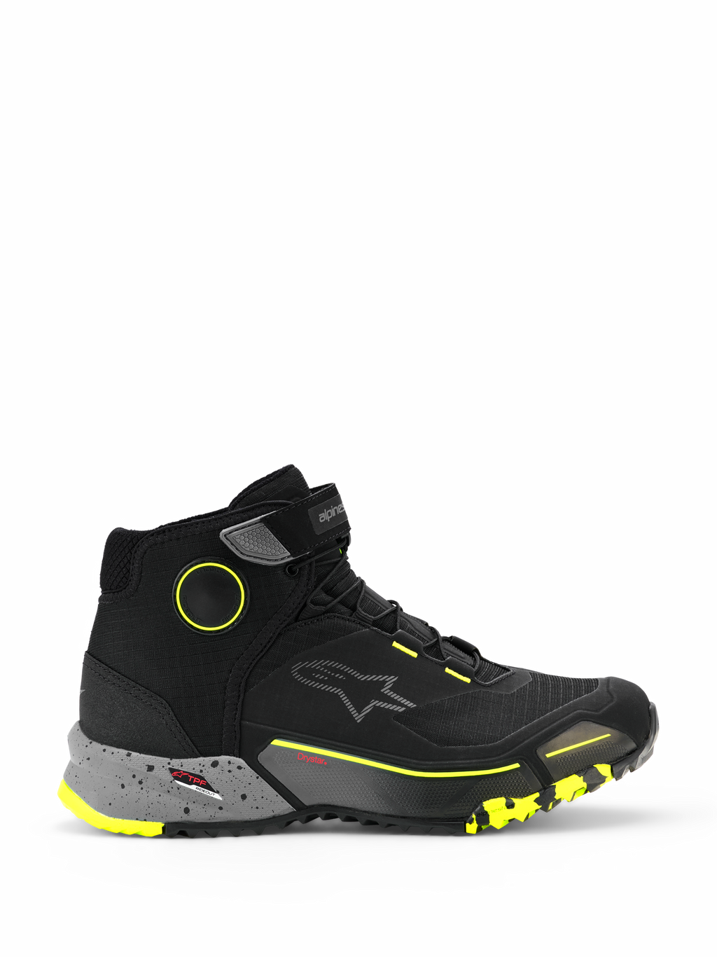 Alpinestars CR-X Drystar motorschoenen, hoge urban motor sneakers, zwart met donkergrijze gespikkelde tussenzool en gele fluo accenten, waterdicht Drystar-membraan, robuuste zool met textuur, beschermende casual motorschoenen