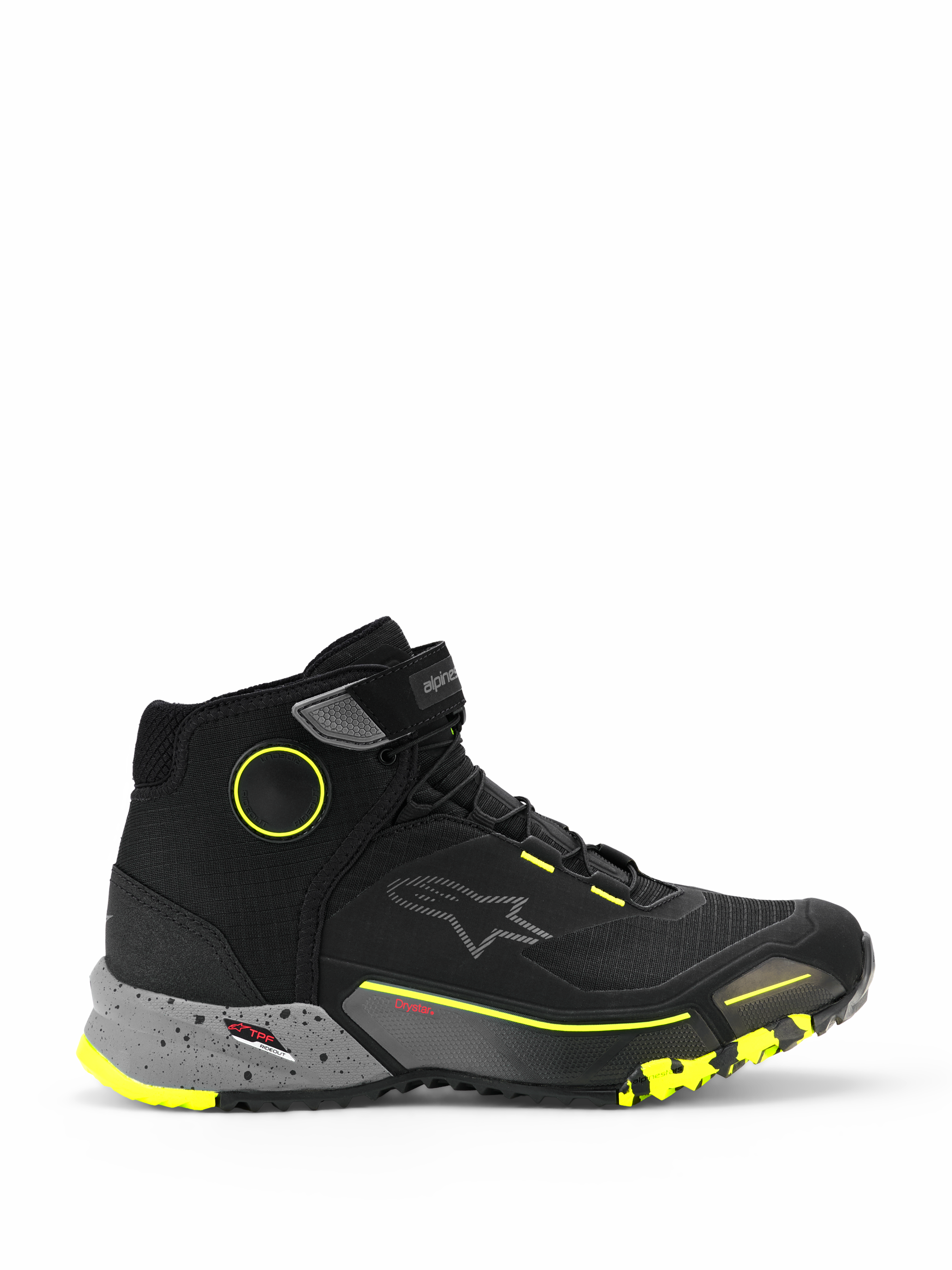 Alpinestars CR-X Drystar motorschoenen, hoge urban motor sneakers, zwart met donkergrijze gespikkelde tussenzool en gele fluo accenten, waterdicht Drystar-membraan, robuuste zool met textuur, beschermende casual motorschoenen