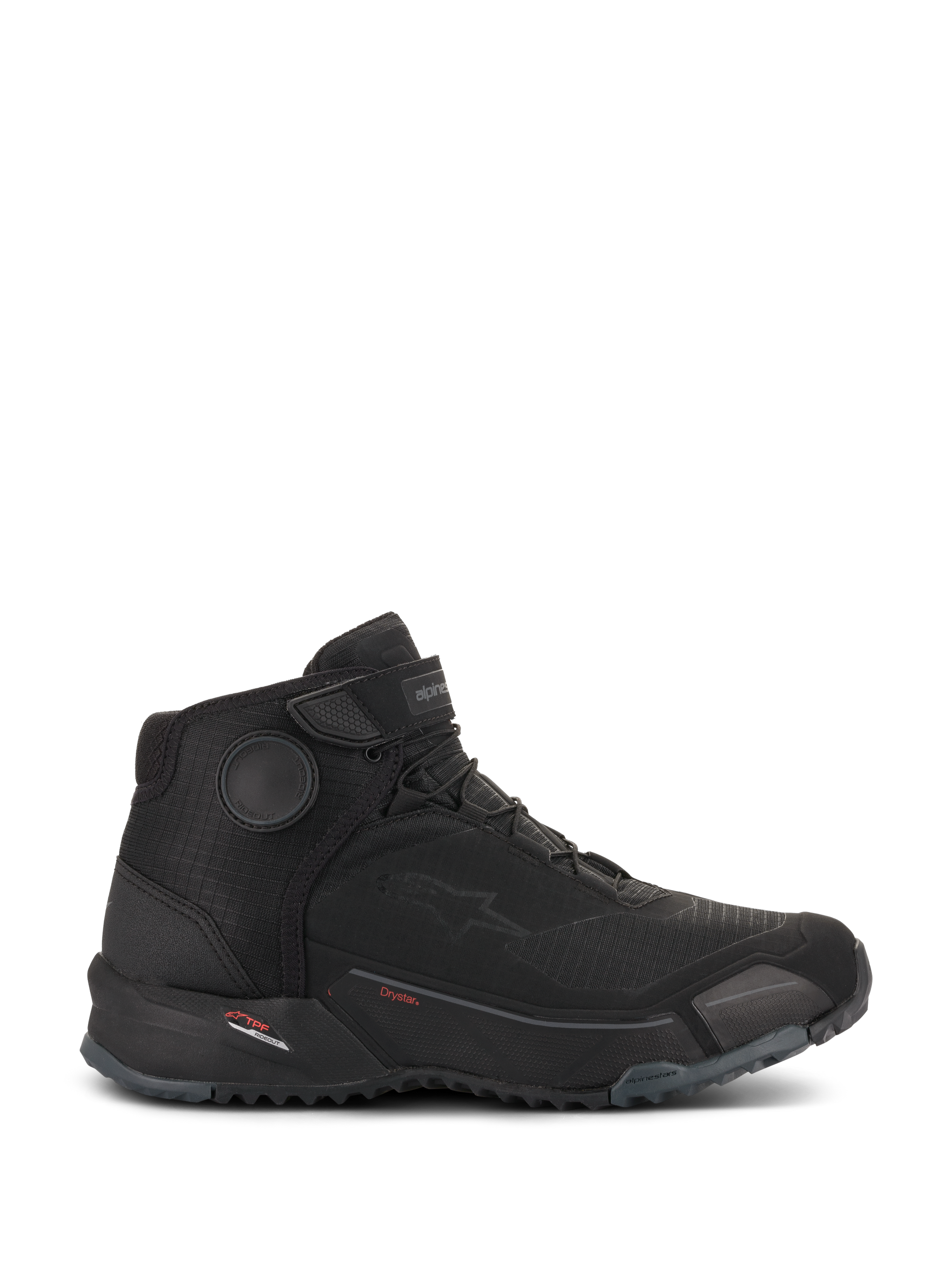 Alpinestars CR-X Drystar® Riding Shoes, Motorcycle Riding Shoes, Black Black, side profile view, sleek athletic design with waterproof membrane, featuring red Drystar branding and textured rubber outsole