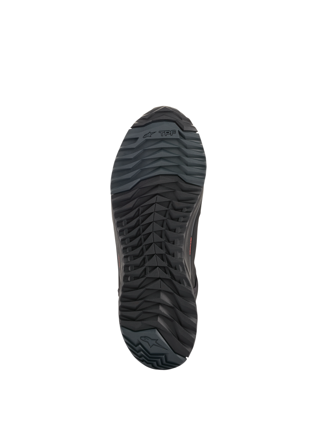 Alpinestars CR-X Drystar® Riding Shoes, Motorcycle Riding Shoes, Black, bottom view of the outsole showing asymmetric stud configuration, oil-resistant rubber compound, and Alpinestars branding.