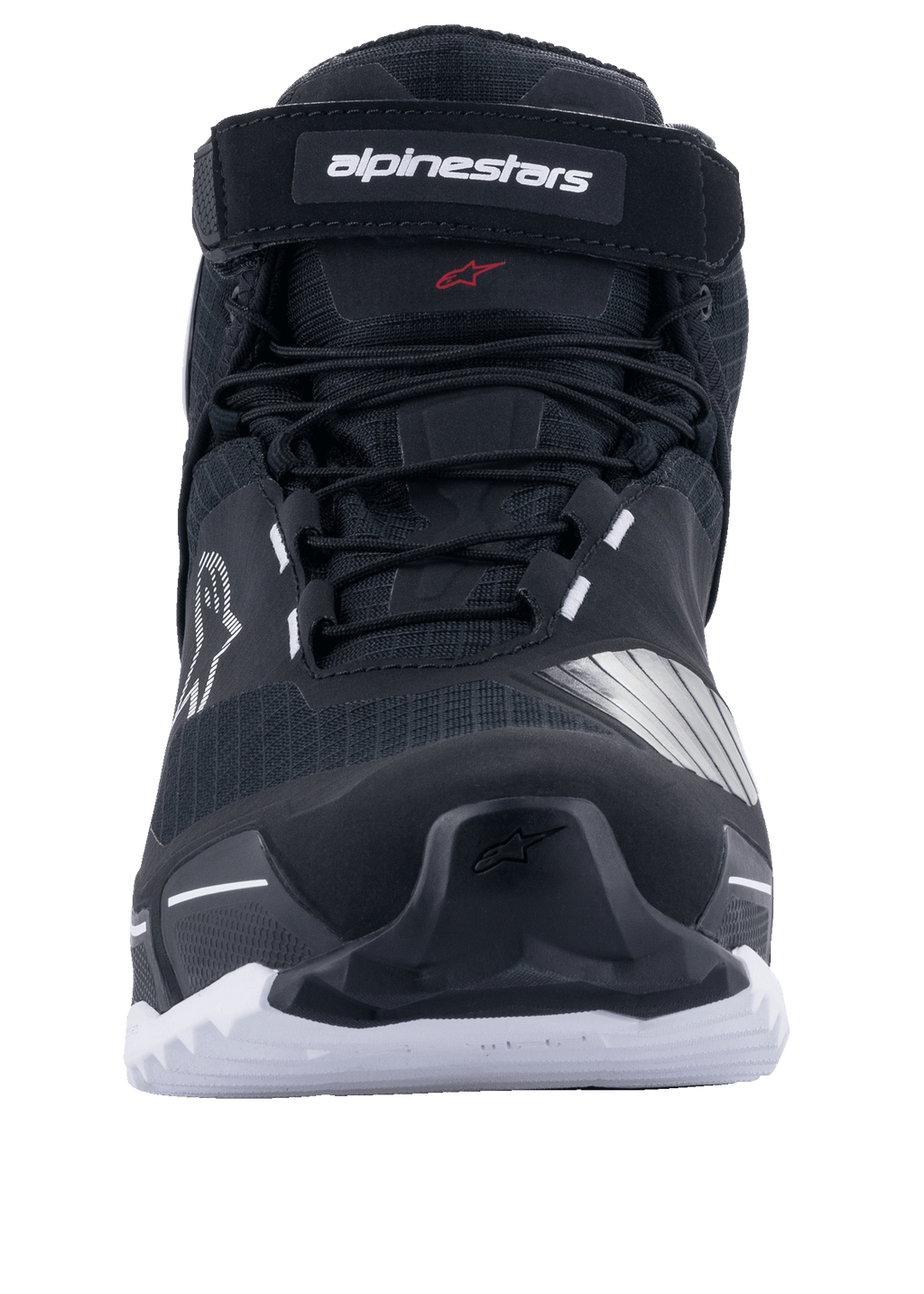 Alpinestars CR-X Drystar® Rijlaarzen, motorschoenen, zwart en wit, vooraanzicht met veters en Alpinestars-merkriem aan de bovenkant, witte zool met grove grip, op atletische hardloopschoenen geïnspireerd ontwerp voor weg- en adventure-ritten