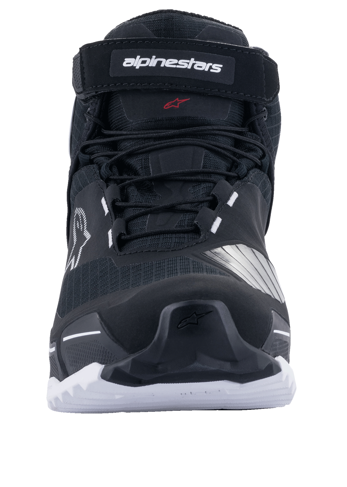 Alpinestars CR-X Drystar® Rijlaarzen, motorschoenen, zwart en wit, vooraanzicht met veters en Alpinestars-merkriem aan de bovenkant, witte zool met grove grip, op atletische hardloopschoenen geïnspireerd ontwerp voor weg- en adventure-ritten