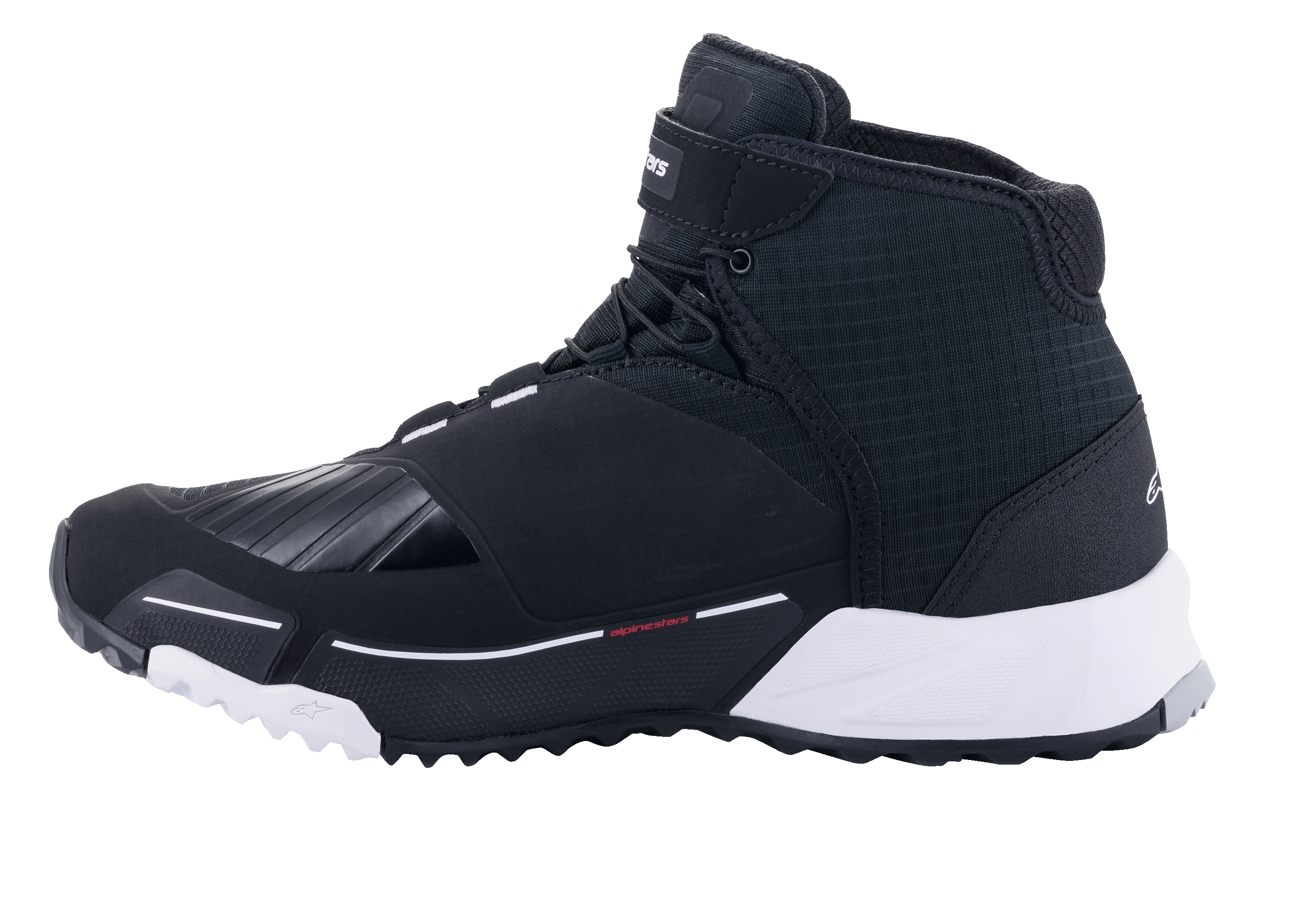 Alpinestars CR-X Drystar® motorschoenen, motorfietsschoenen, zwart en wit, zijprofiel met een op hardloopschoenen geïnspireerd ontwerp, waterdicht textiel bovenwerk, witte EVA-tussenzool en versterkt schakelgedeelte op de neus.