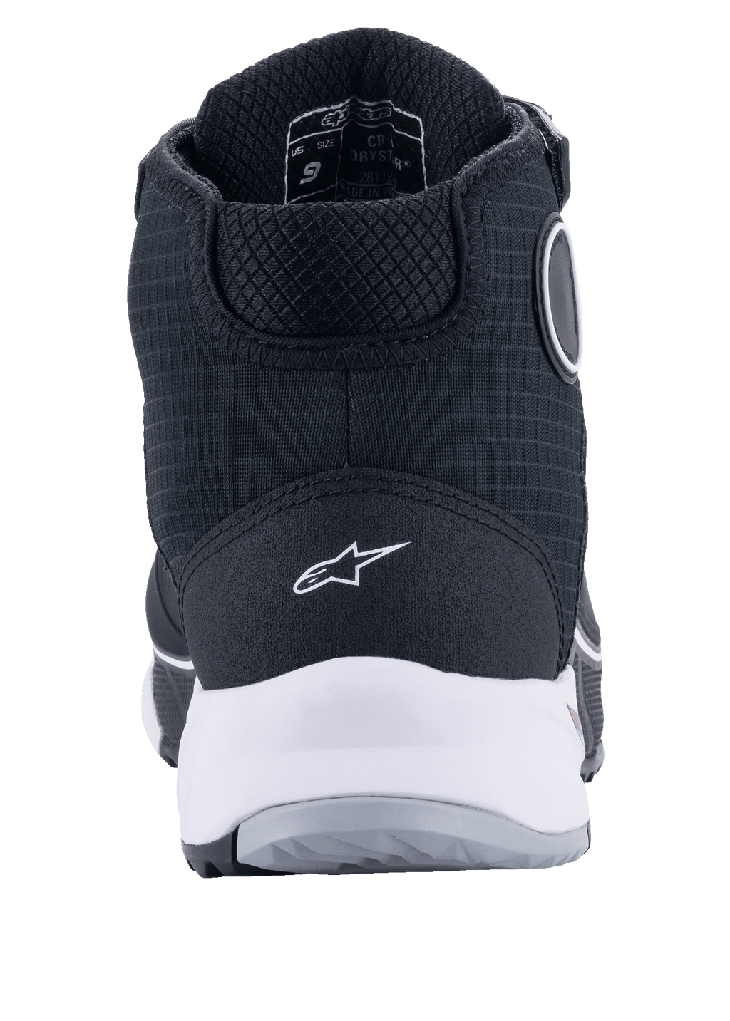 Alpinestars CR-X Drystar® motorschoenen, zwart en wit, achteraanzicht met witte tussenzool en hiel-logo, getextureerd textiel bovenwerk met beschermende hoge constructie, ontworpen voor waterdicht motorrijden en loopcomfort