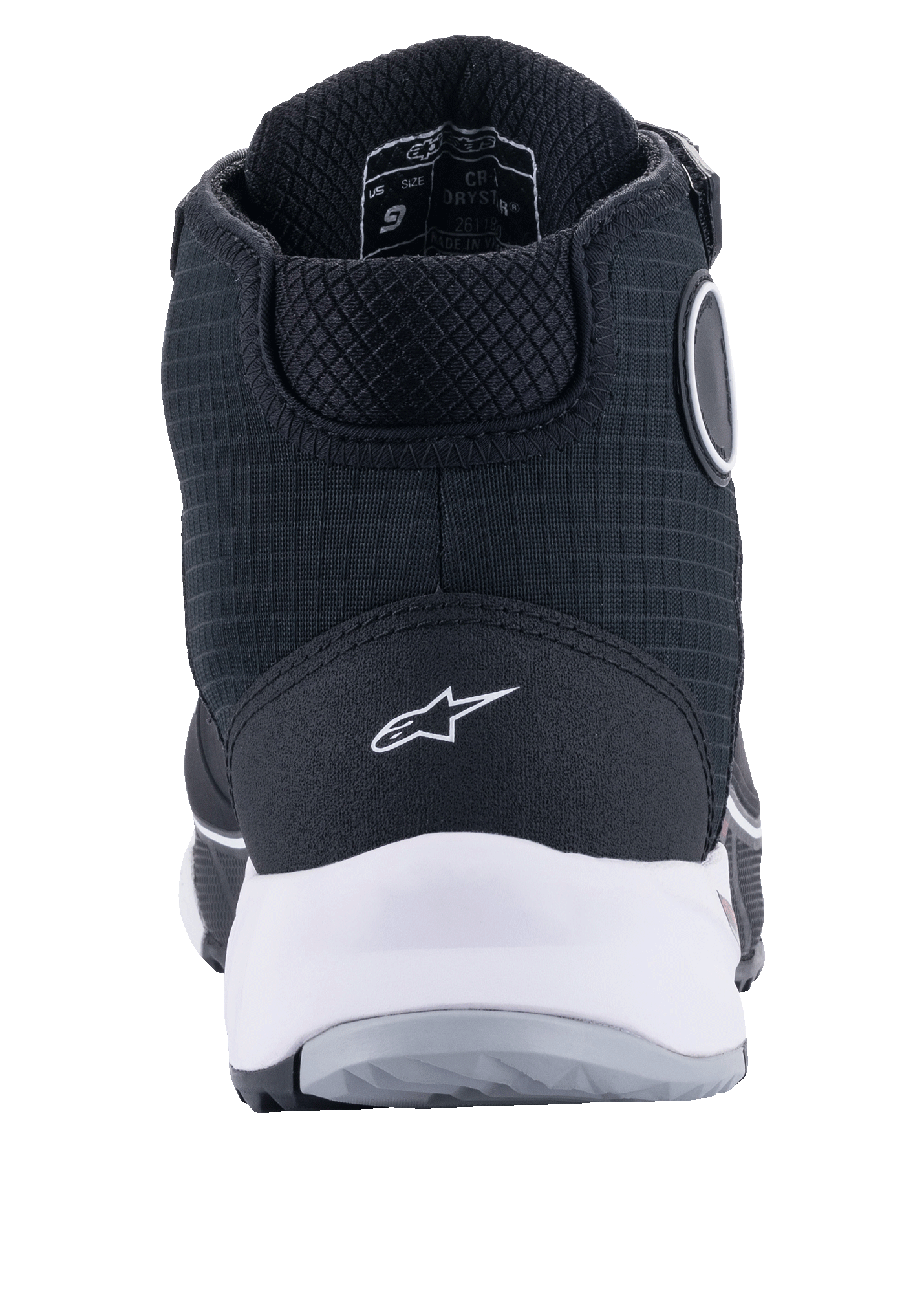 Alpinestars CR-X Drystar® motorschoenen, zwart en wit, achteraanzicht met witte tussenzool en hiel-logo, getextureerd textiel bovenwerk met beschermende hoge constructie, ontworpen voor waterdicht motorrijden en loopcomfort