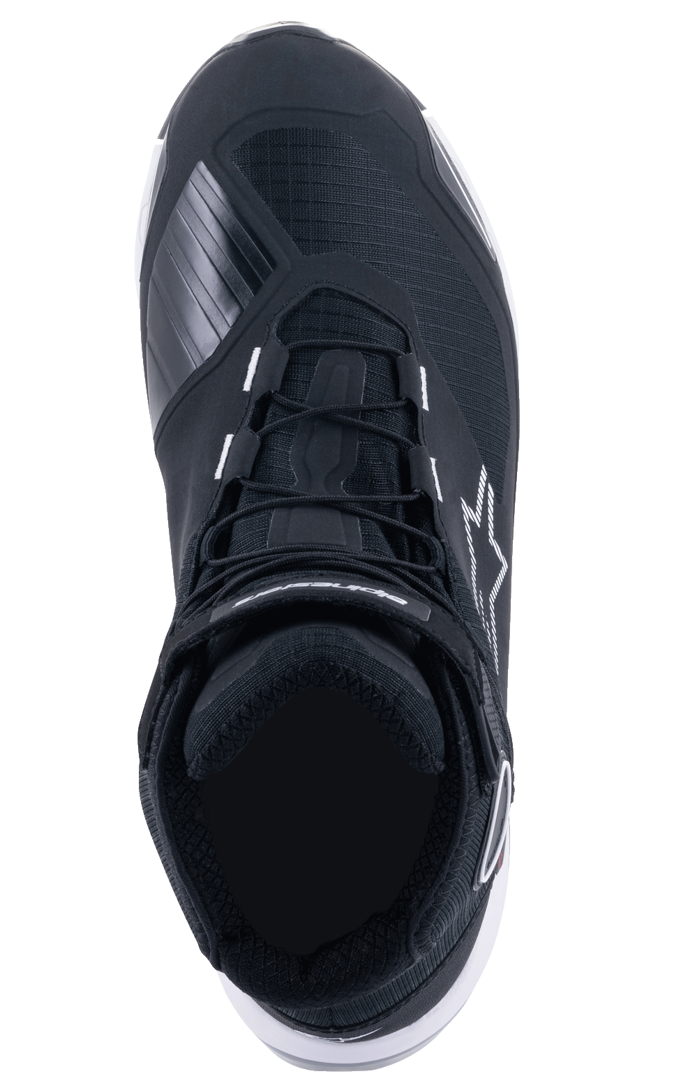Alpinestars CR-X Drystar® Motorschoenen, bovenaanzicht, zwart en wit, met vetersluiting en een klittenband enkelband, getextureerde schakelversteviging op de neus en een wit sterlogo aan de zijkant, duurzaam en waterdicht motorschoeisel