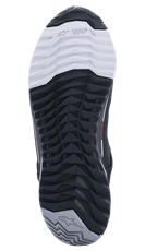 Alpinestars CR-X Drystar® motorschoenen, onderaanzicht van de buitenzool, zwart-wit-grijze zool van dubbele rubbersamenstelling, asymmetrisch noppenpatroon voor grip, voorzien van TPF-branding en sterlogo's