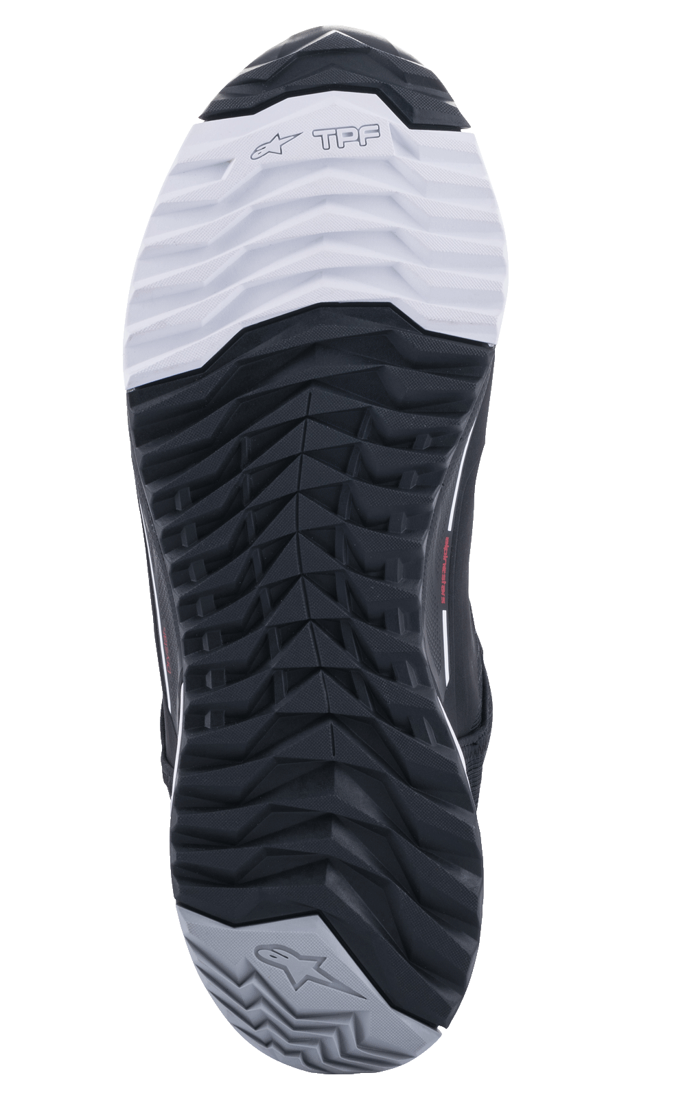 Alpinestars CR-X Drystar® motorschoenen, onderaanzicht van de buitenzool, zwart-wit-grijze zool van dubbele rubbersamenstelling, asymmetrisch noppenpatroon voor grip, voorzien van TPF-branding en sterlogo's