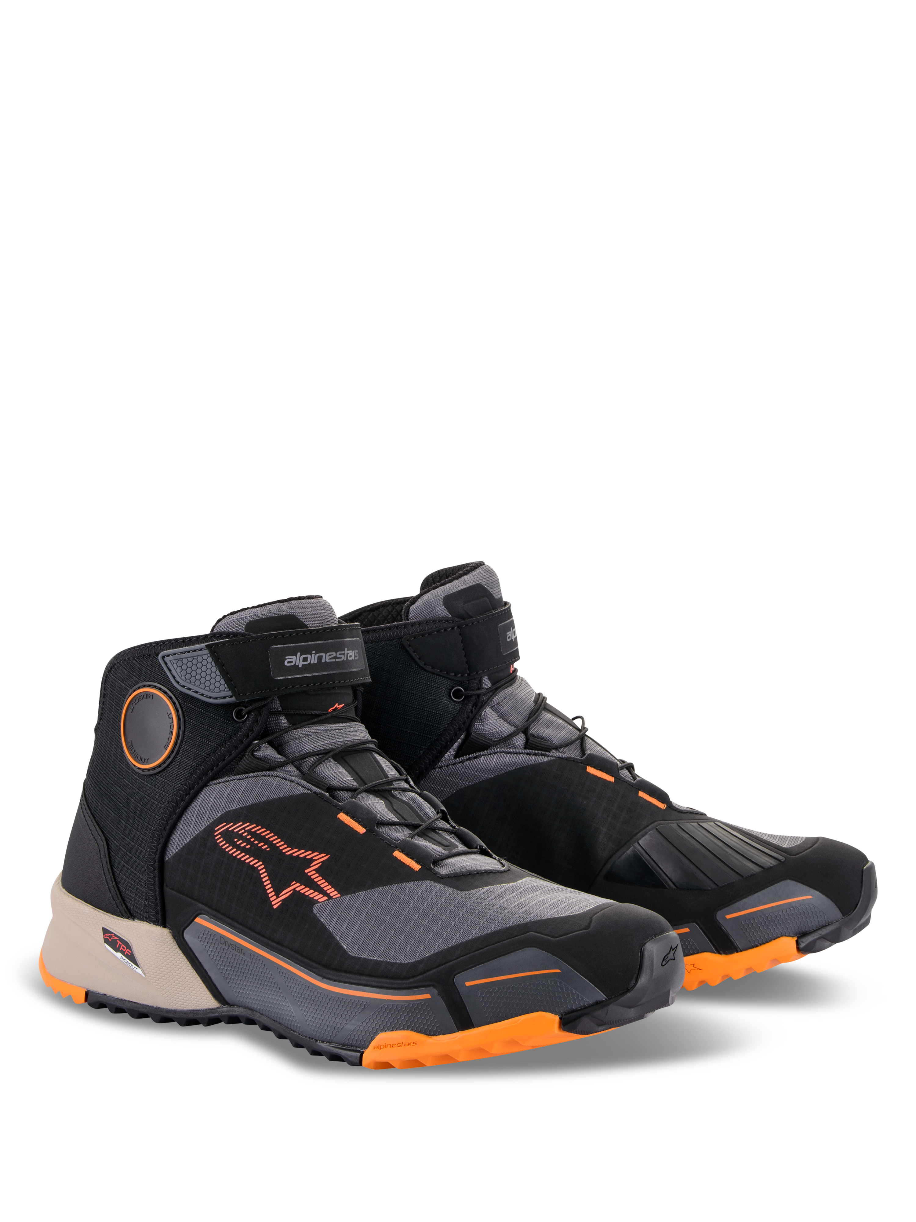 Alpinestars CR-X Drystar® Riding Shoes, Black Light Brown and Orange, motorcycle footwear with a running shoe design, featuring orange logos and accents on the sole, light brown heel detail, and dark grey panels, sporty all-weather riding shoes.