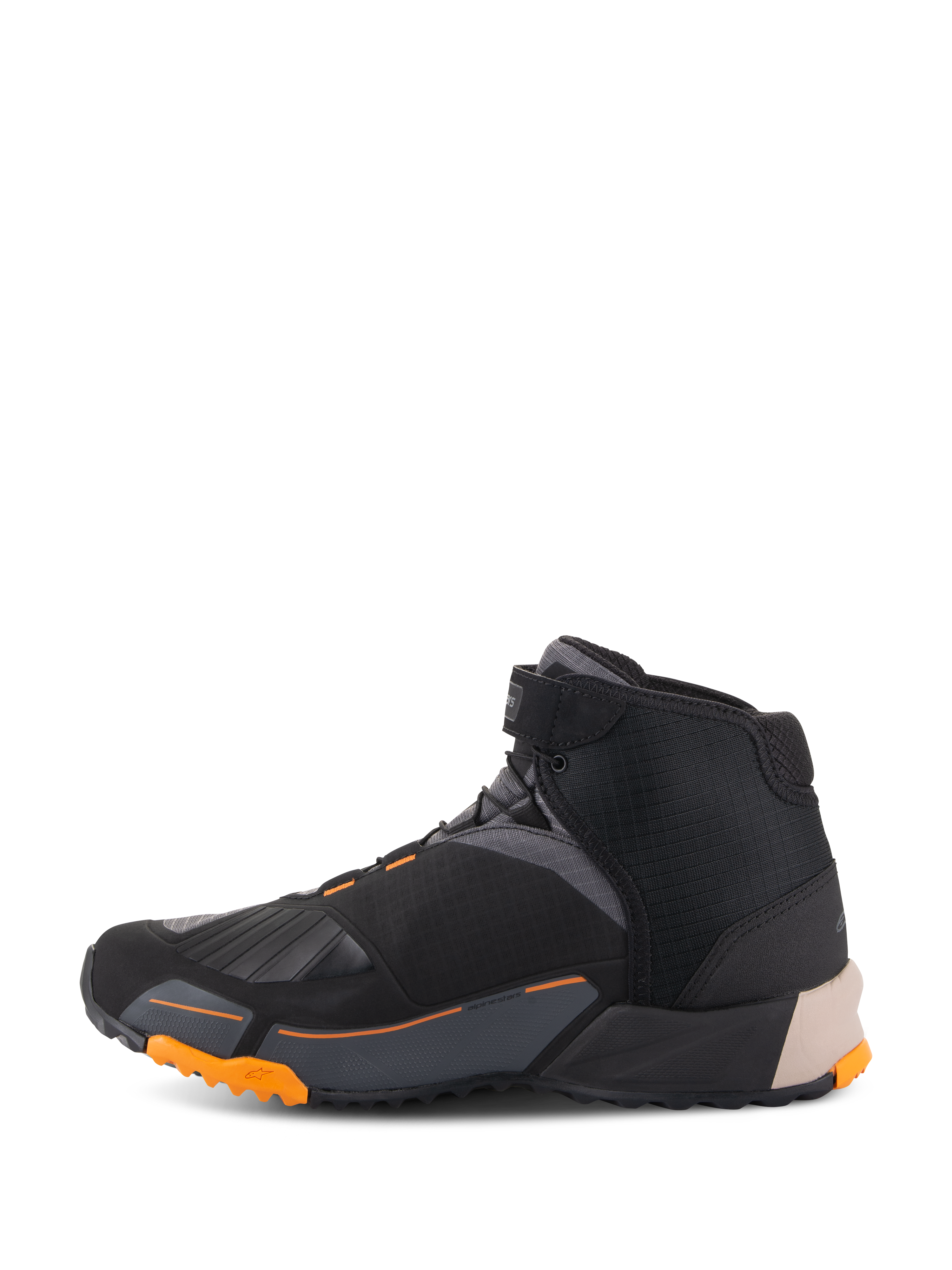 Alpinestars CR-X Drystar® Riding Shoes in Black Light Brown and Orange, side profile view, running shoe-inspired design with a rugged orange sole, waterproof and breathable motorcycle footwear for road and urban riding.