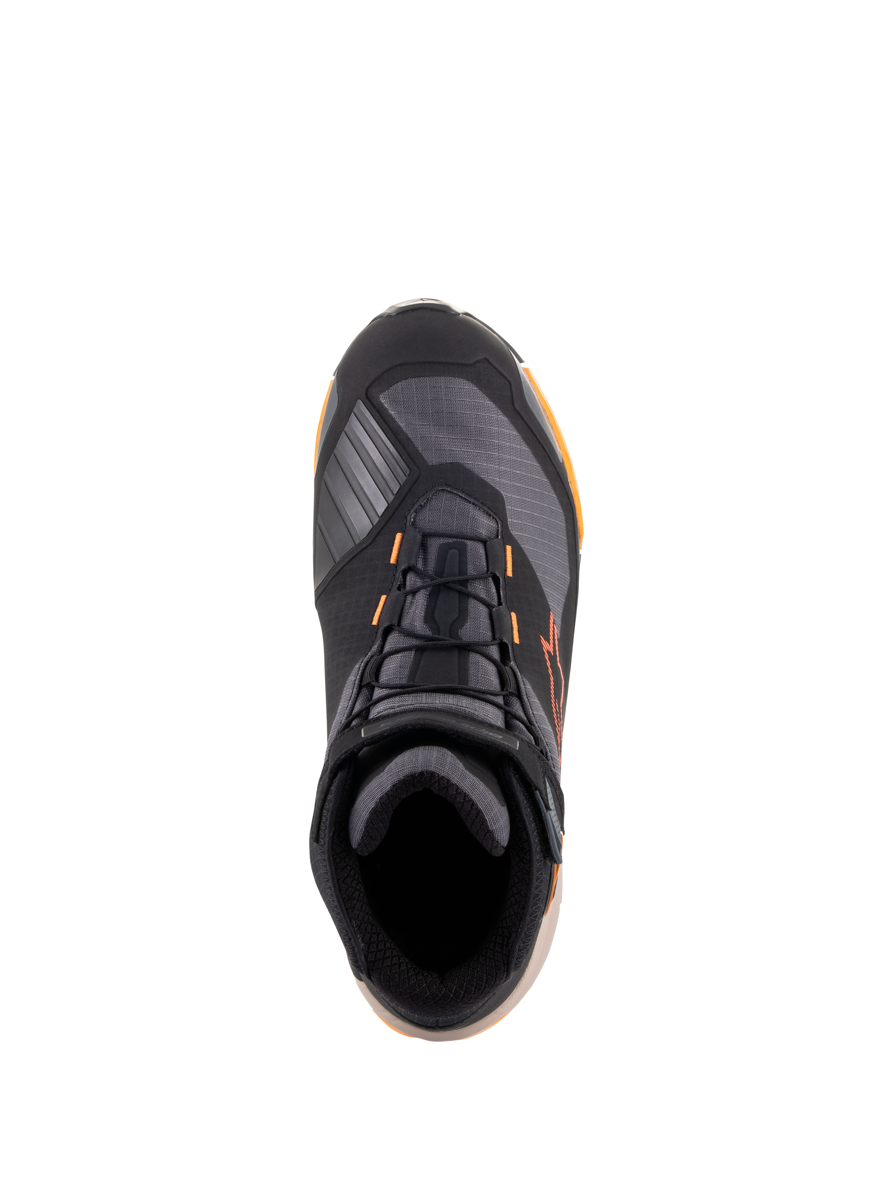 Alpinestars CR-X Drystar® Riding Shoes, top-down view, Black Light Brown Orange colorway, athletic-style motorcycle footwear featuring black laces, orange accents, and a light brown sole, waterproof protective gear for road and urban riding.