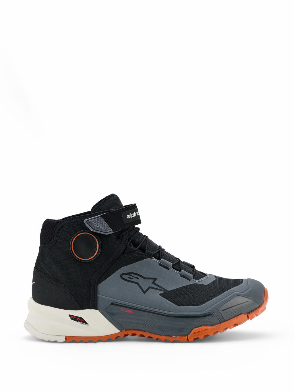 Alpinestars CR-X Drystar rijschoenen, motorschoenen, zwart, donkergrijs en roestbruin, hoog model met klittenband enkelband, waterdicht Drystar-membraan, witte tussenzool en feloranje grove buitenzool