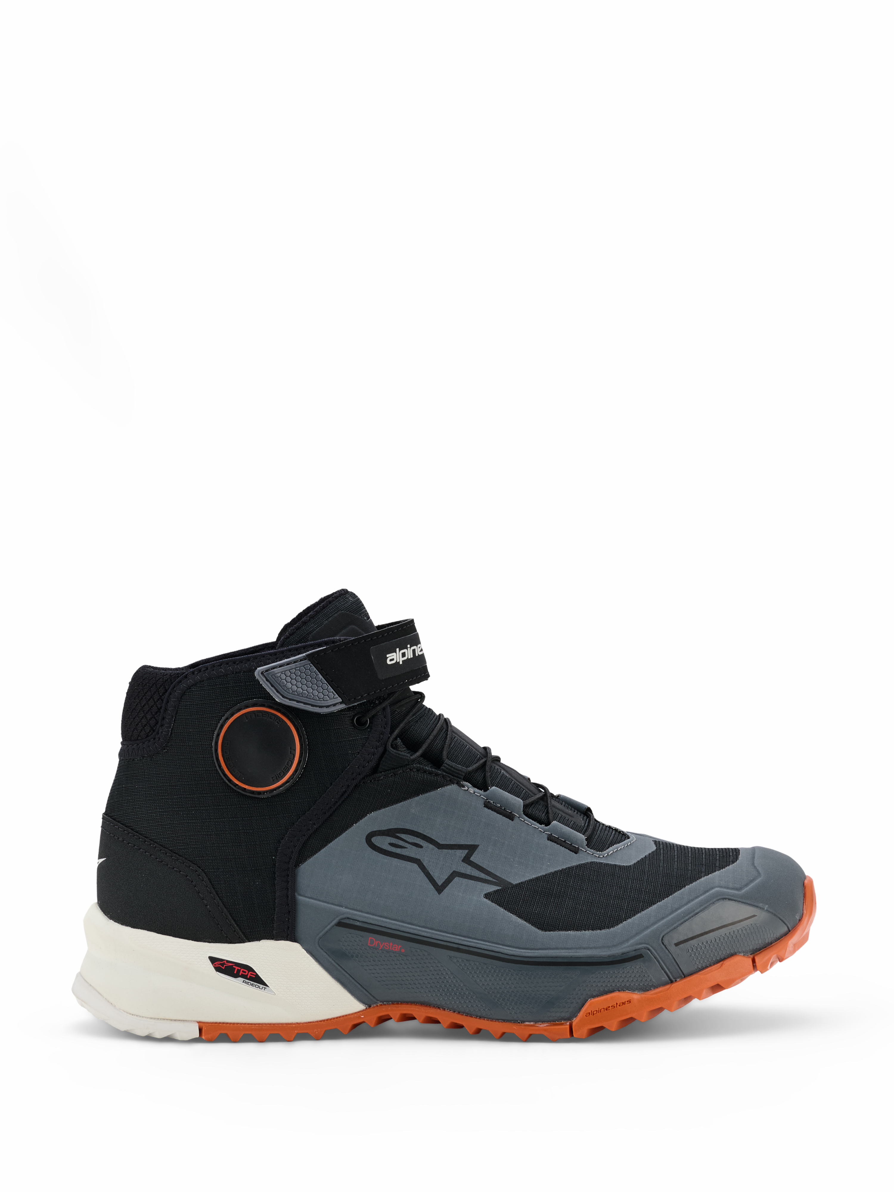 Alpinestars CR-X Drystar rijschoenen, motorschoenen, zwart, donkergrijs en roestbruin, hoog model met klittenband enkelband, waterdicht Drystar-membraan, witte tussenzool en feloranje grove buitenzool
